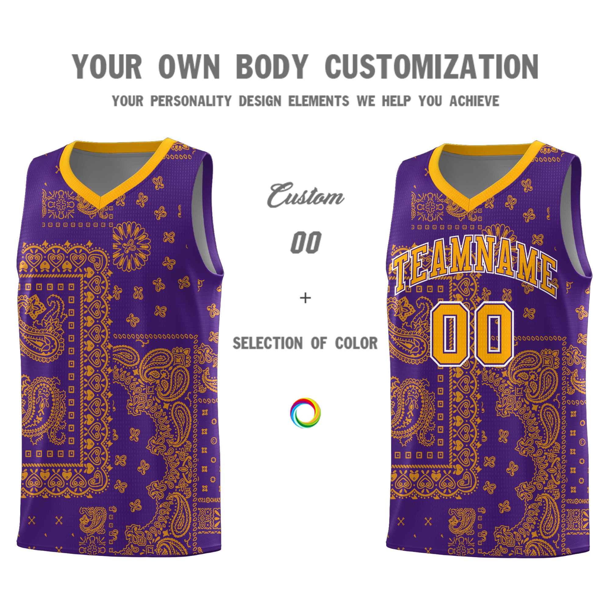 Custom Purple Basketball Kits With Yellow Cashew Flower Print Pattern