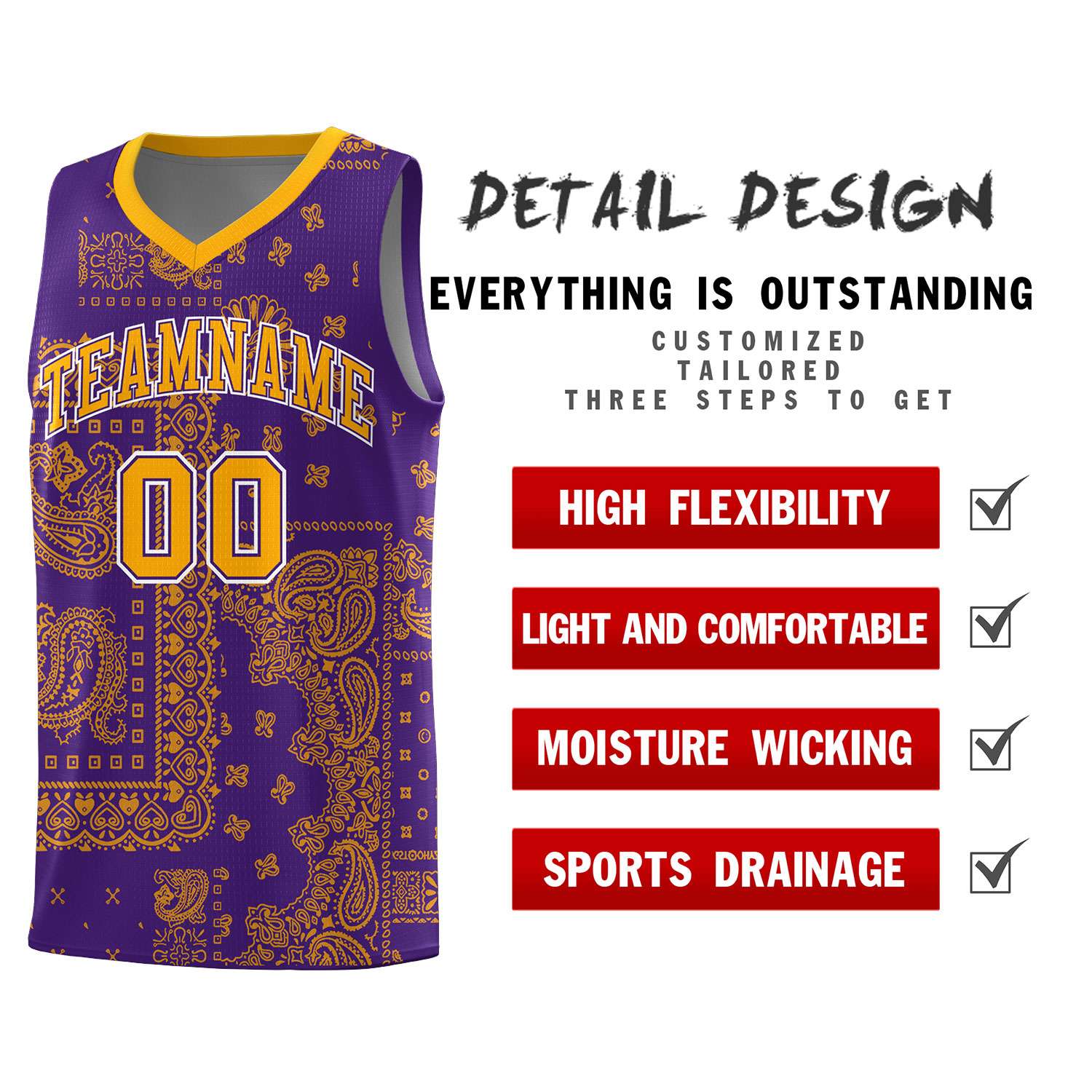 Custom Purple Basketball Kits With Yellow Cashew Flower Print Pattern