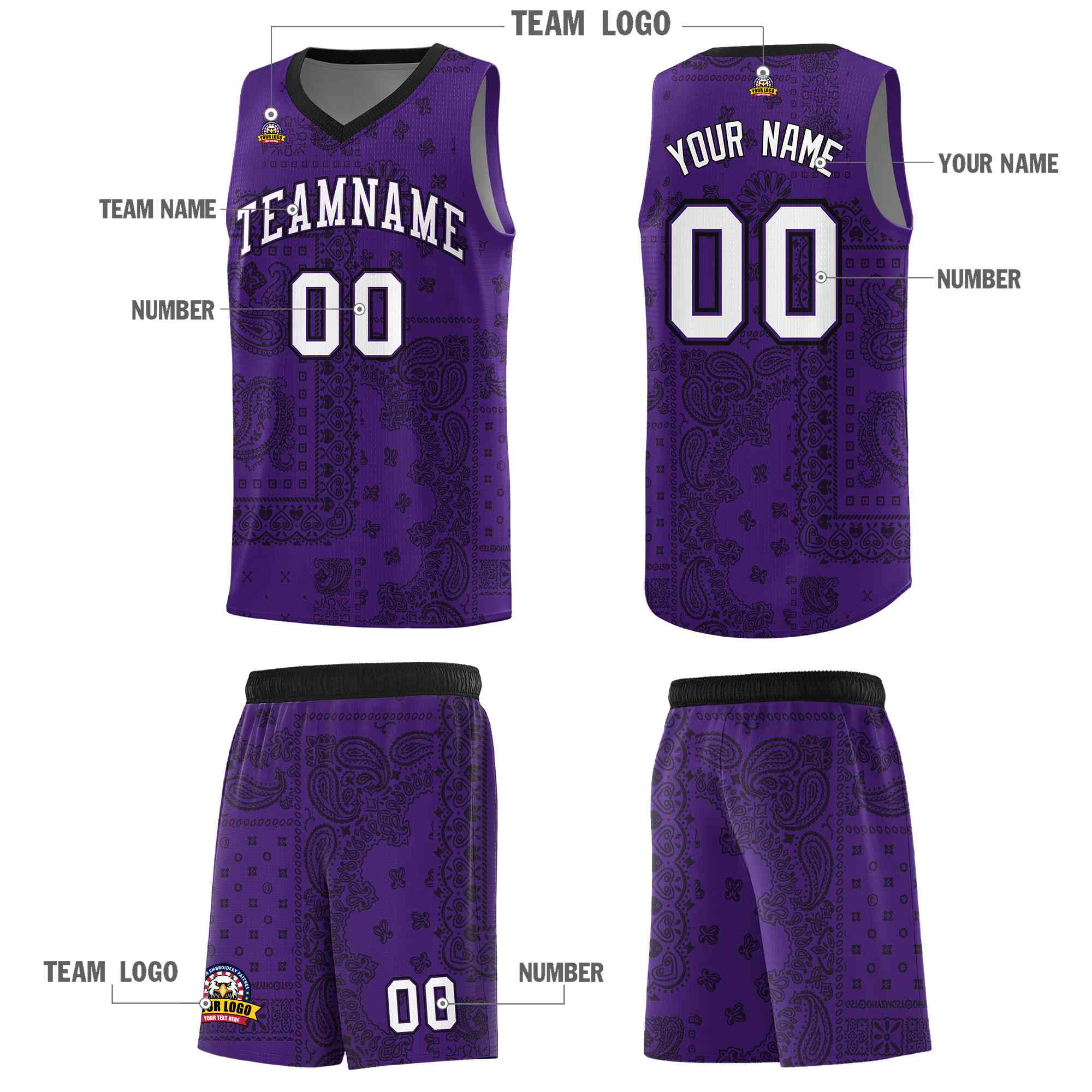 Custom Purple Basketball Kits With Black Cashew Flower Print Pattern