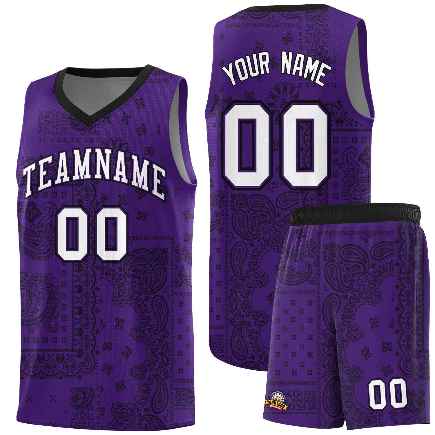 Custom Purple Basketball Kits With Black Cashew Flower Print Pattern