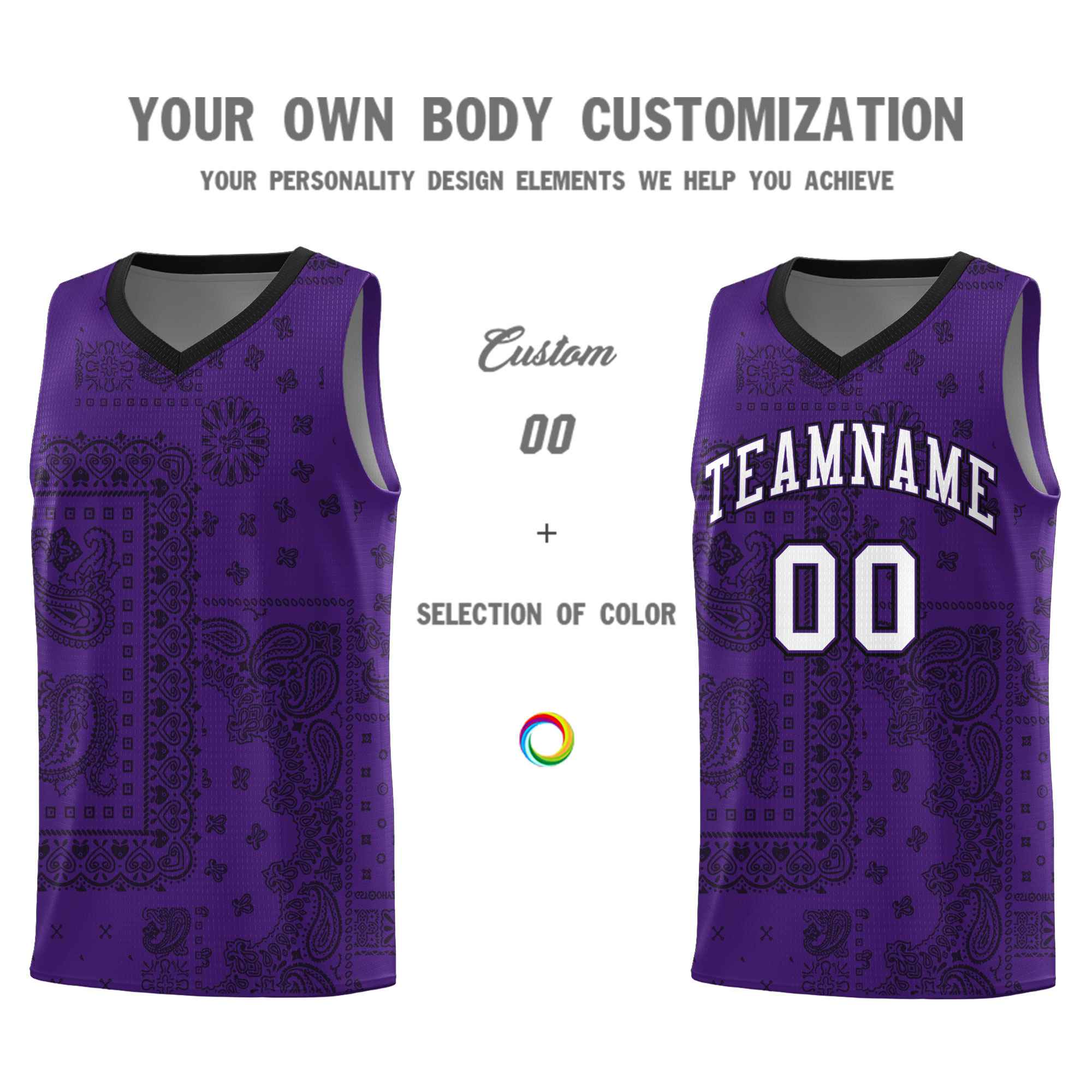 Custom Purple Basketball Kits With Black Cashew Flower Print Pattern