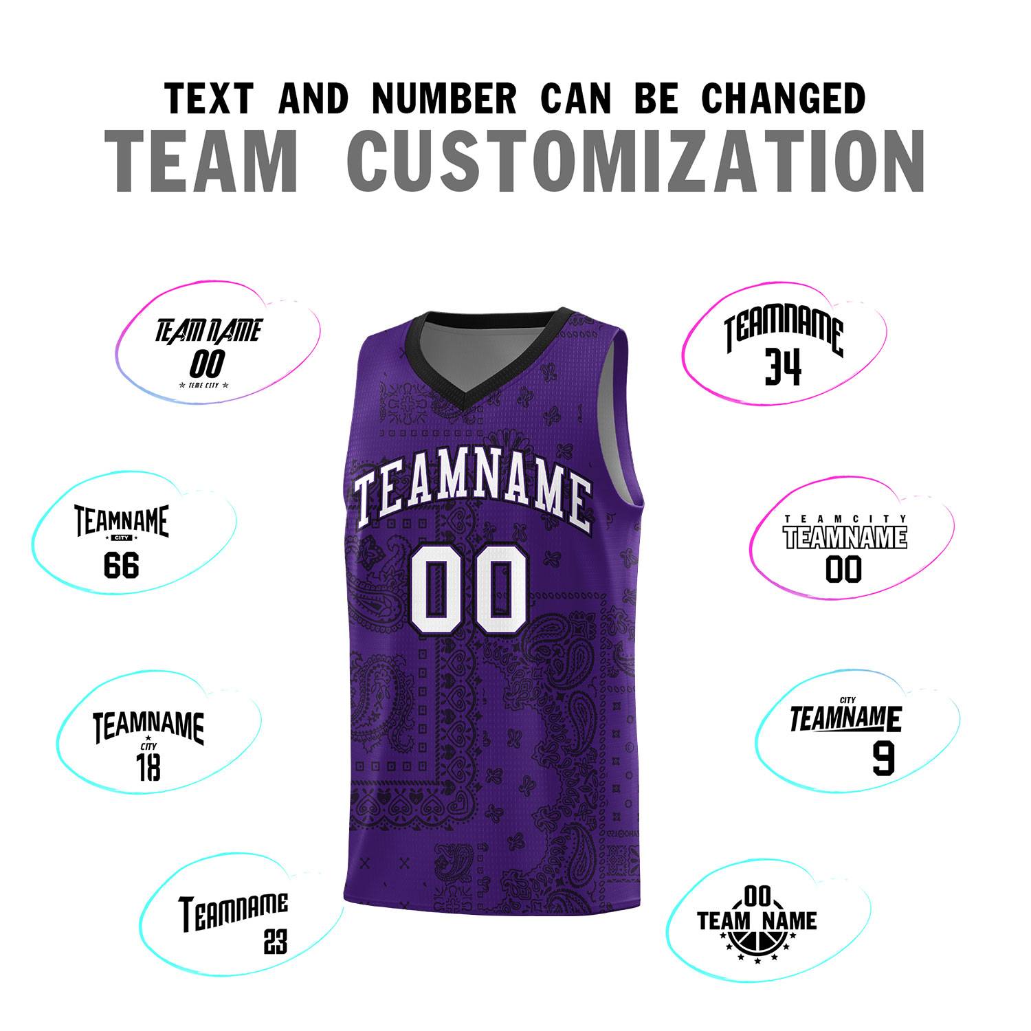 Custom Purple Basketball Kits With Black Cashew Flower Print Pattern