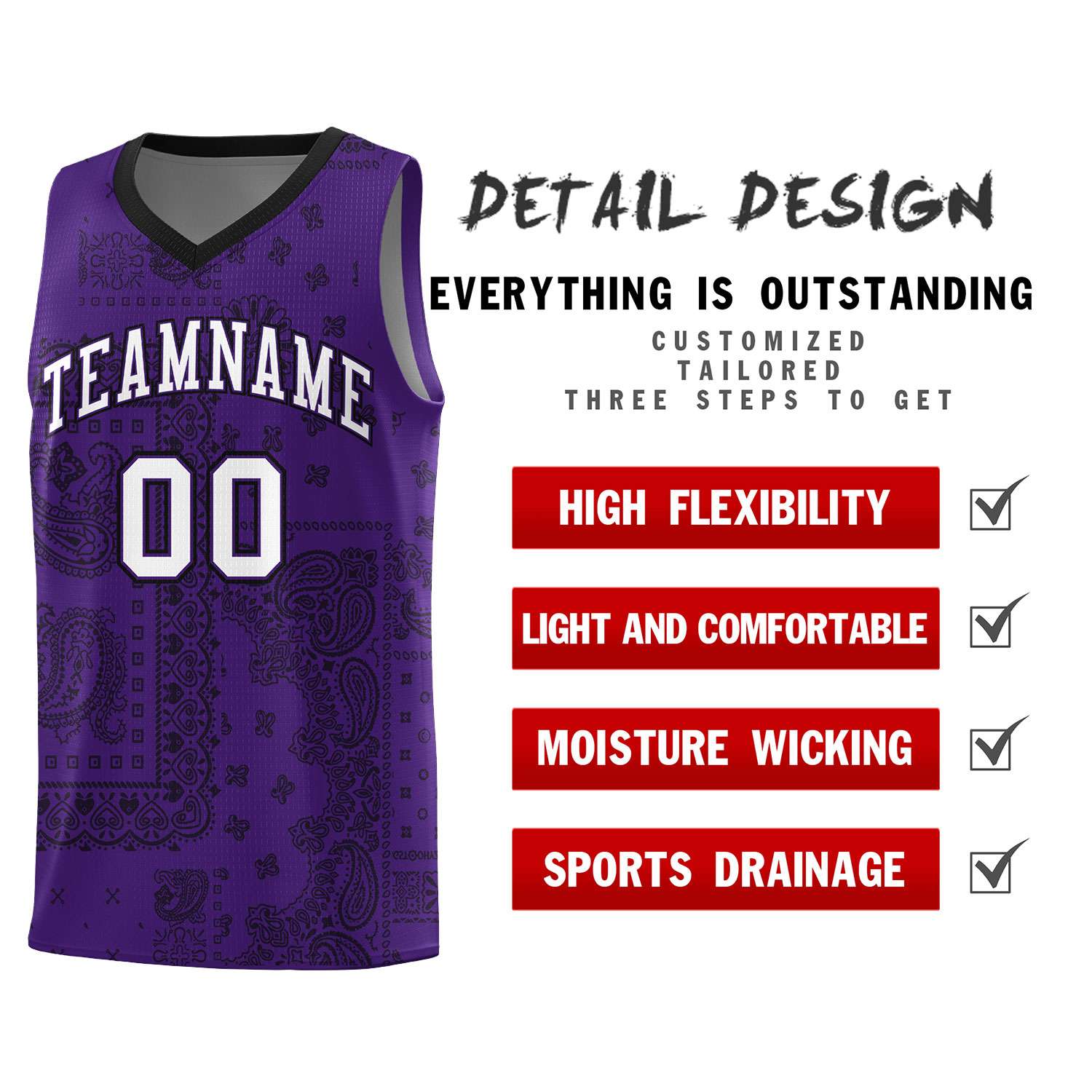Custom Purple Basketball Kits With Black Cashew Flower Print Pattern