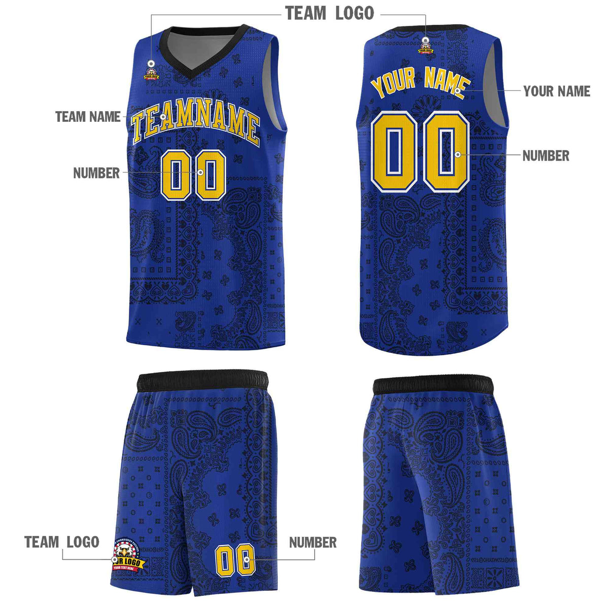 Custom Royal Basketball Kits With Black Cashew Flower Print Pattern