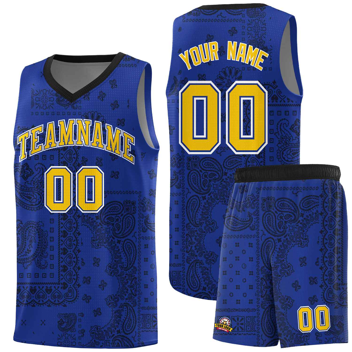 Custom Royal Basketball Kits With Black Cashew Flower Print Pattern