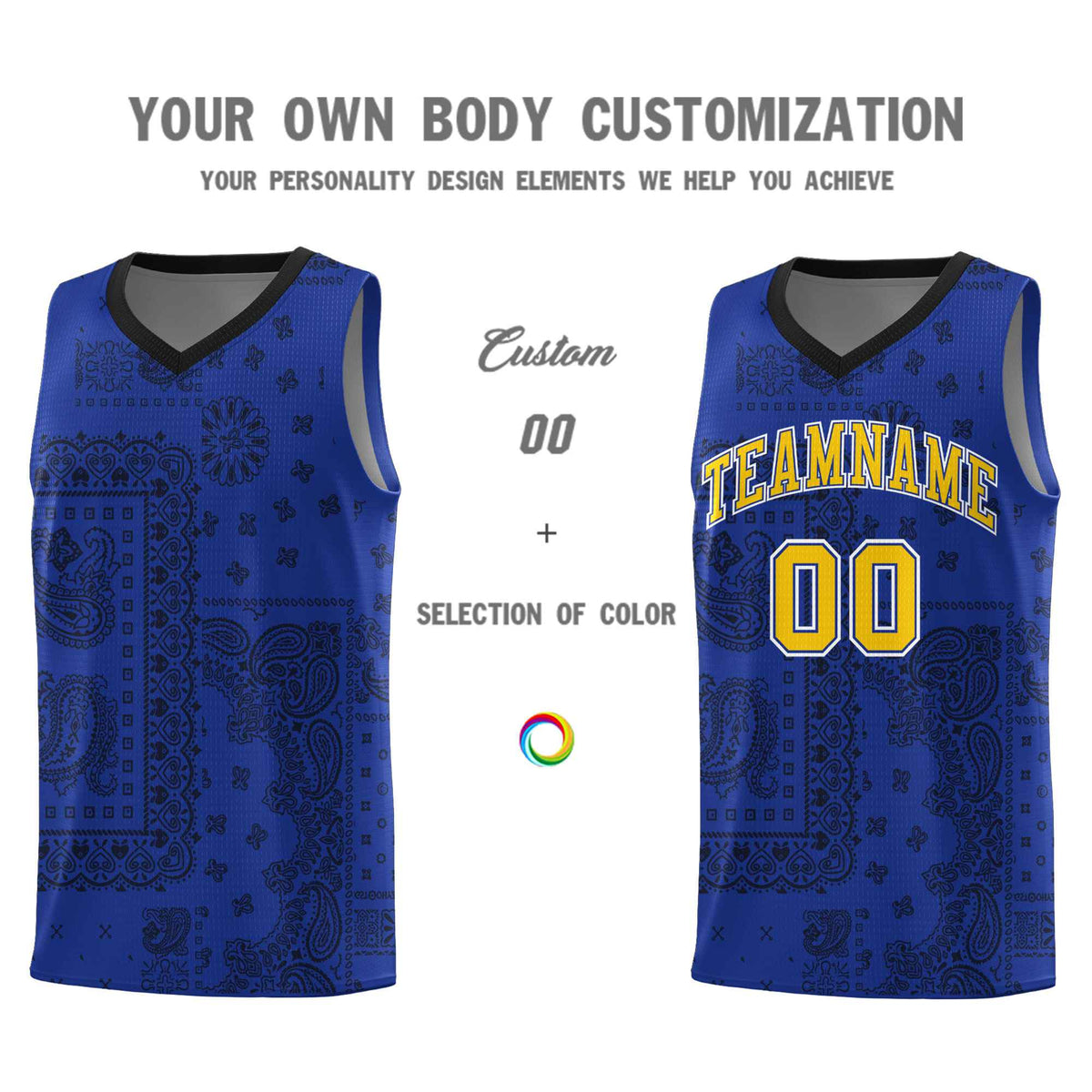 Custom Royal Basketball Kits With Black Cashew Flower Print Pattern
