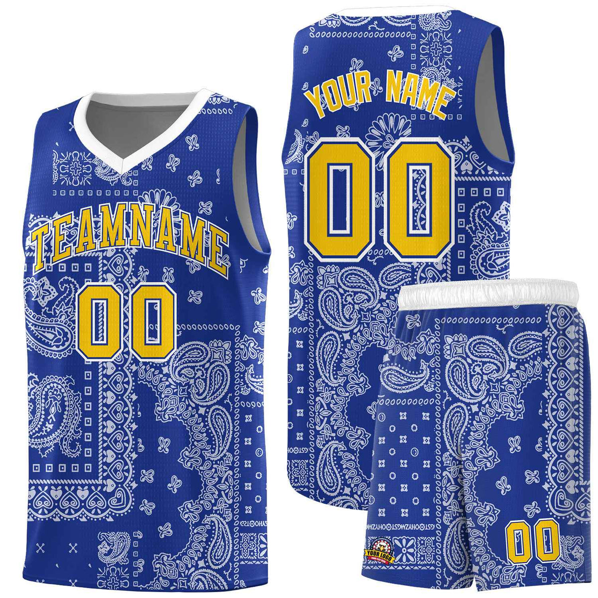 Custom Royal Basketball Kits With White Cashew Flower Print Pattern