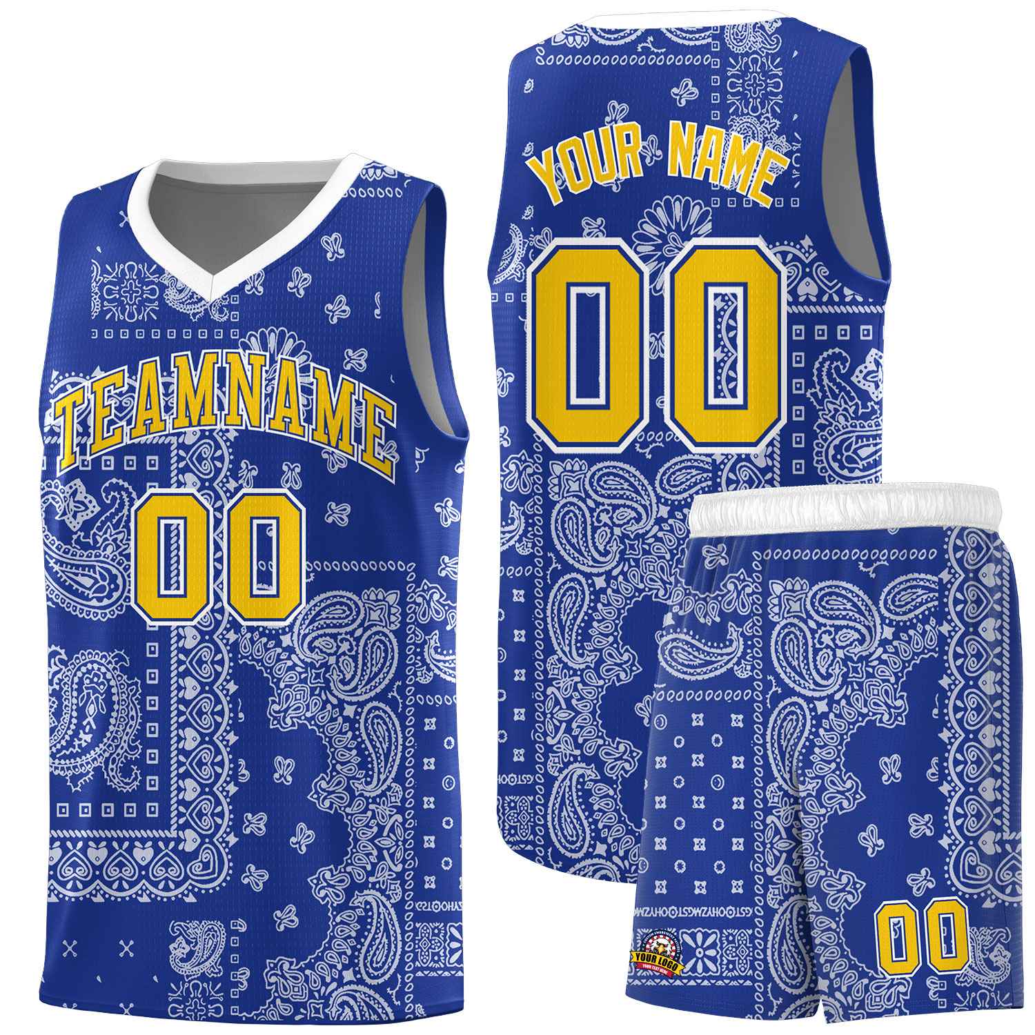 Custom Royal Basketball Kits With White Cashew Flower Print Pattern