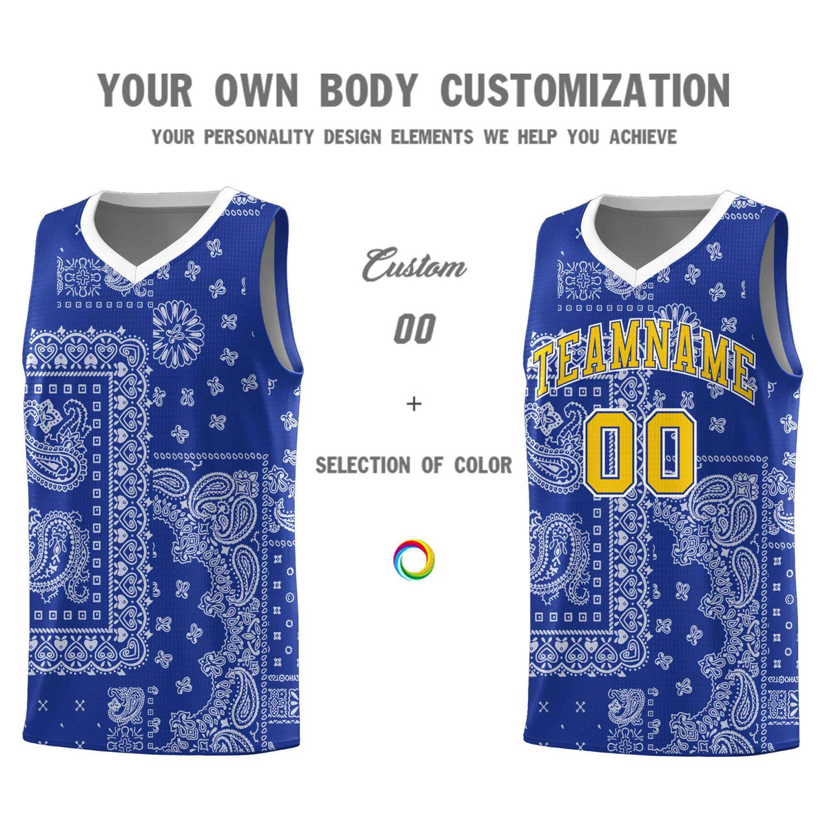 Custom Royal Basketball Kits With White Cashew Flower Print Pattern