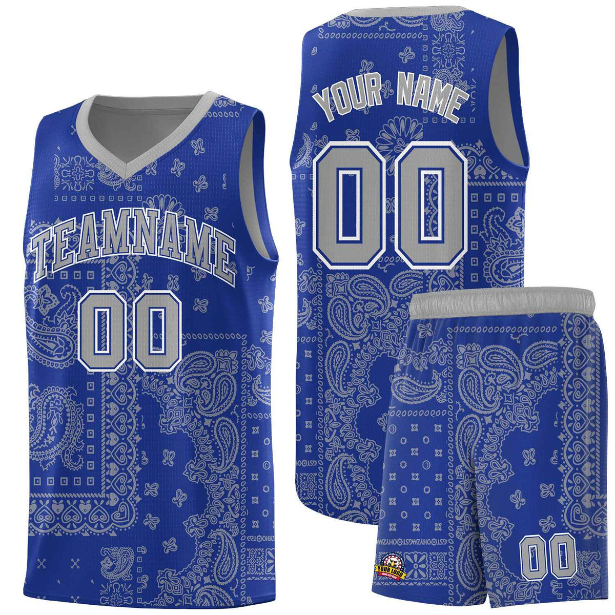 Custom Royal Basketball Kits With Silver Cashew Flower Print Pattern