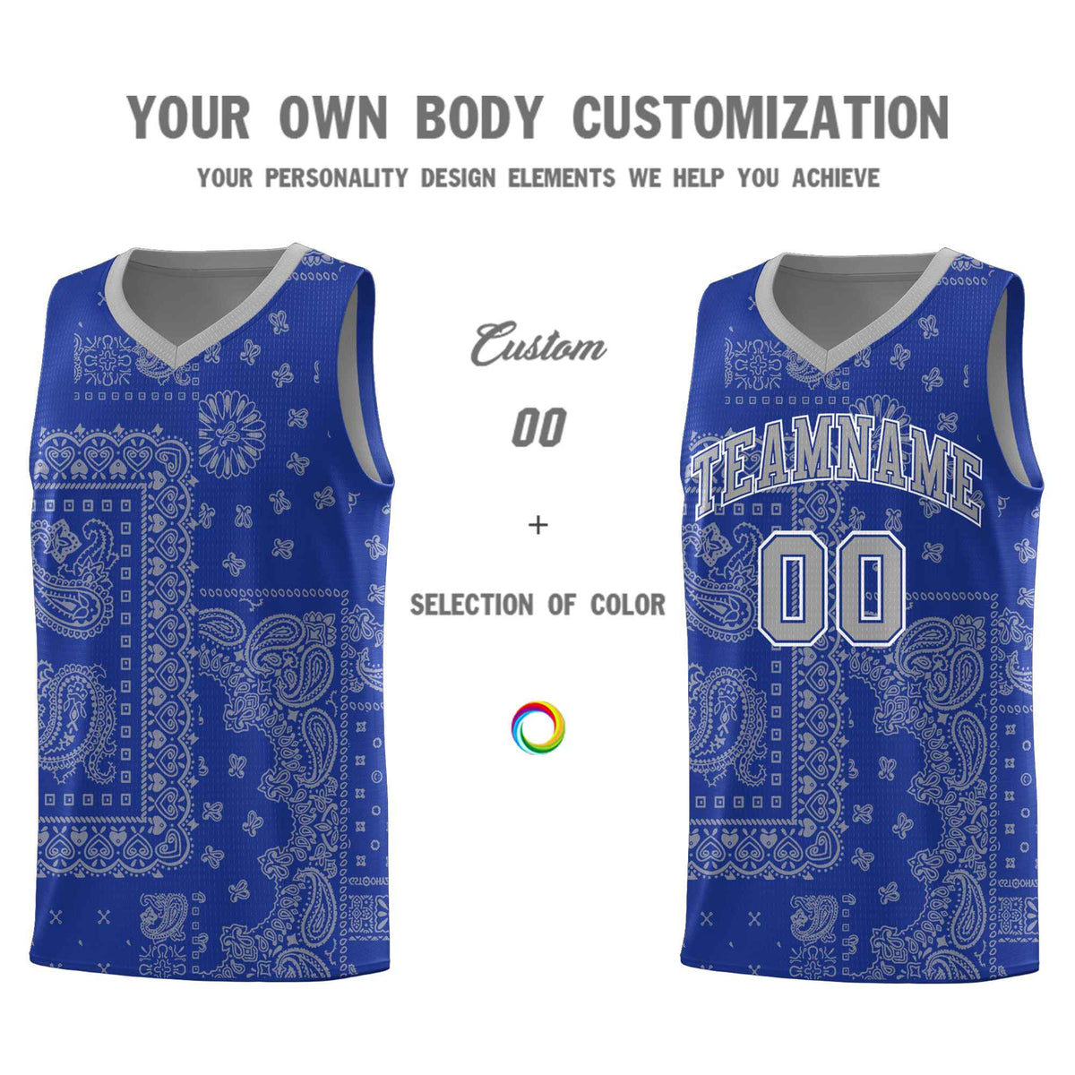 Custom Royal Basketball Kits With Silver Cashew Flower Print Pattern