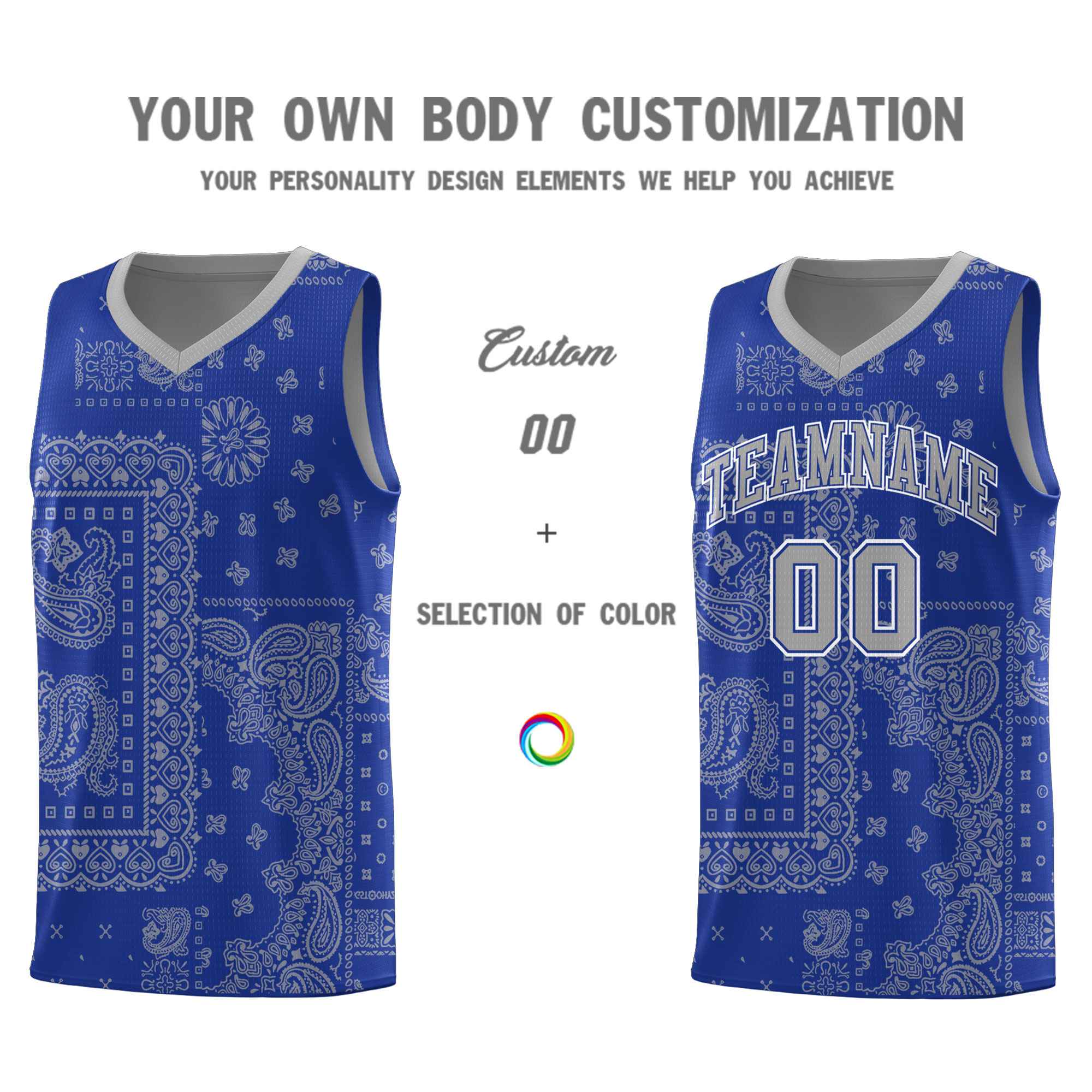 Custom Royal Basketball Kits With Silver Cashew Flower Print Pattern