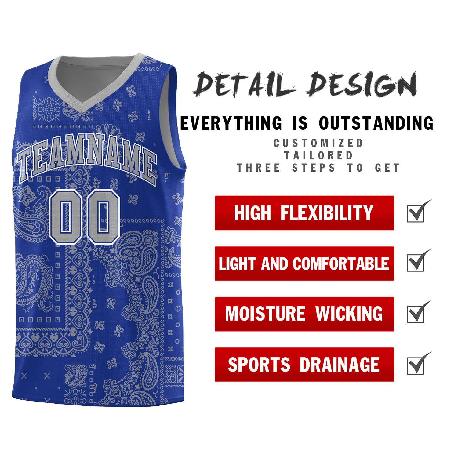 Custom Royal Basketball Kits With Silver Cashew Flower Print Pattern