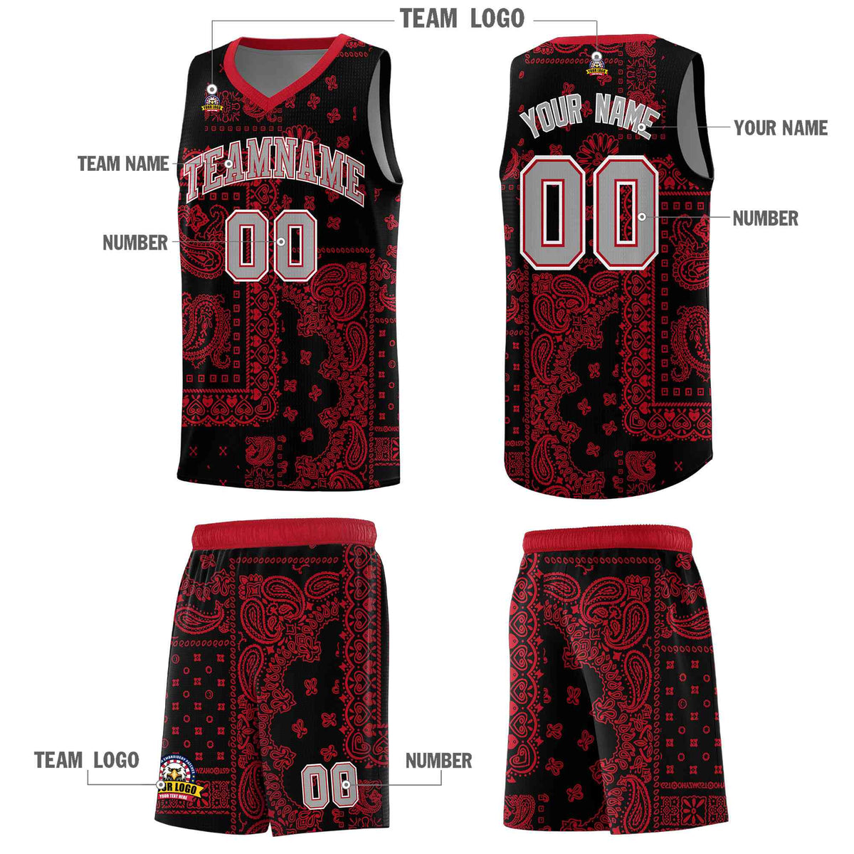 Custom Black Basketball Kits With Red Cashew Flower Print Pattern