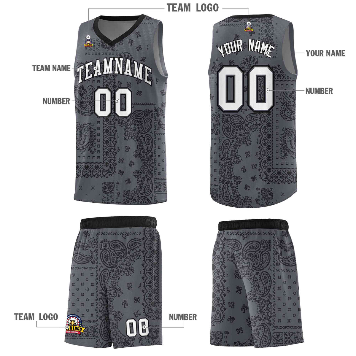 Custom Gray Basketball Kits With Black Cashew Flower Print Pattern