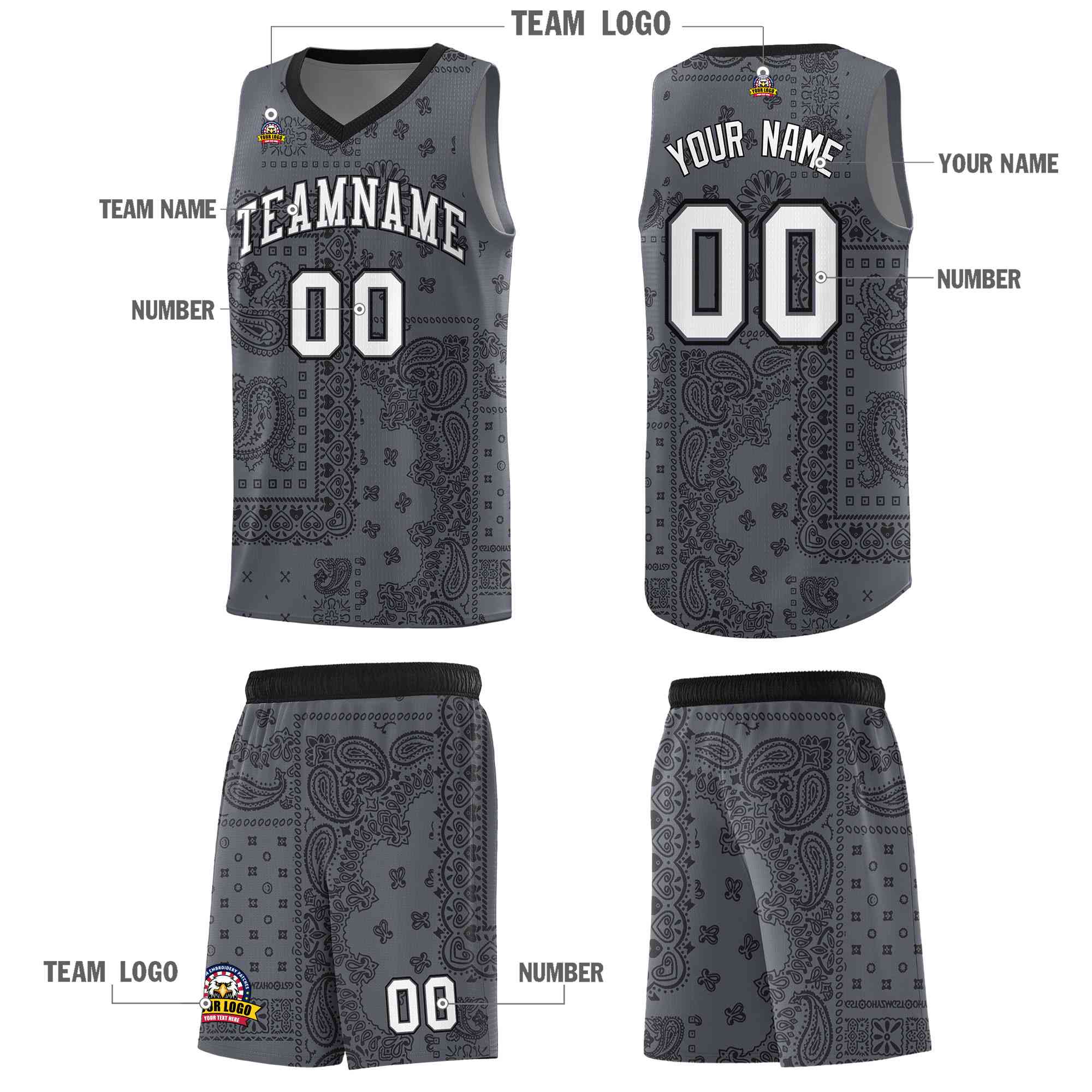 Custom Gray Basketball Kits With Black Cashew Flower Print Pattern
