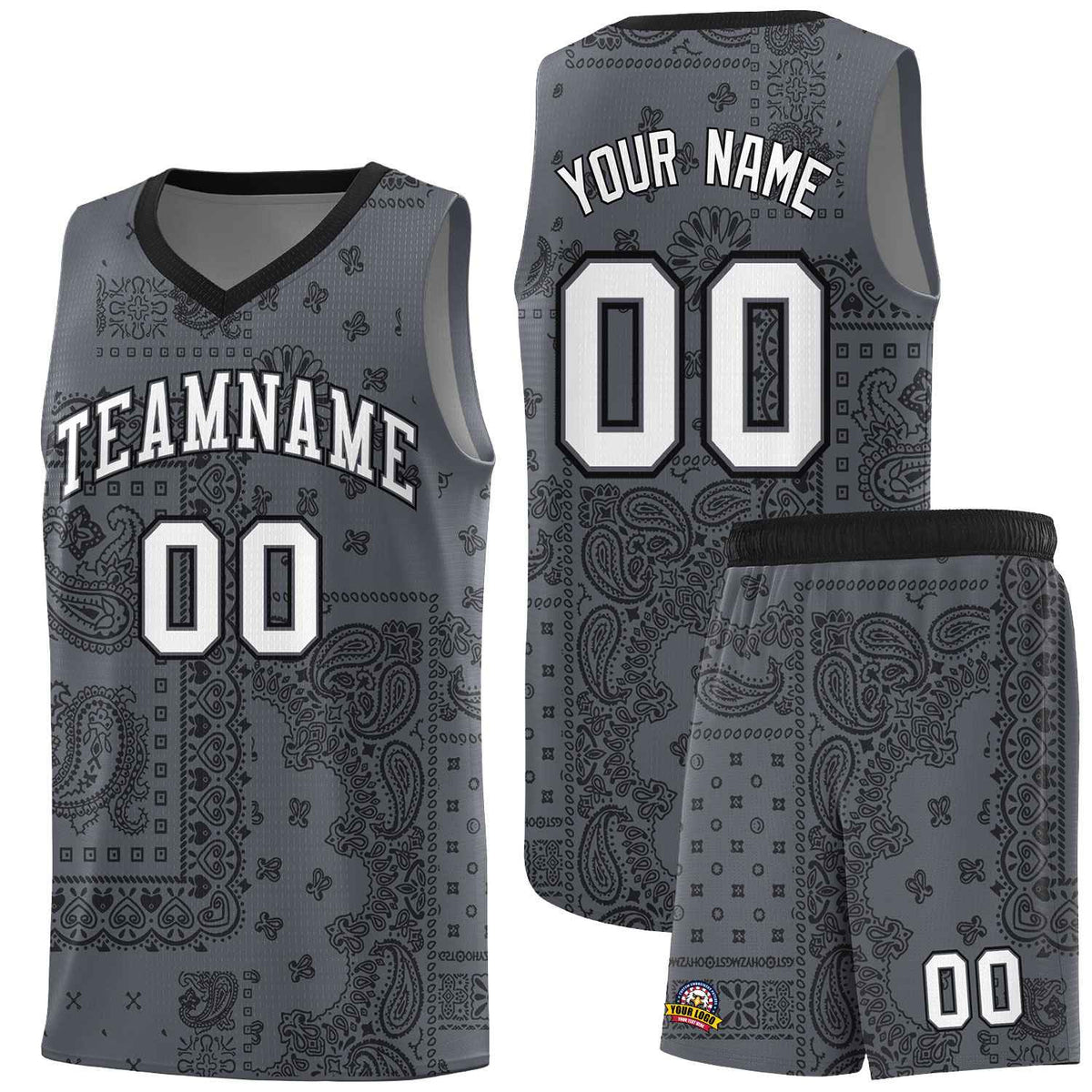 Custom Gray Basketball Kits With Black Cashew Flower Print Pattern