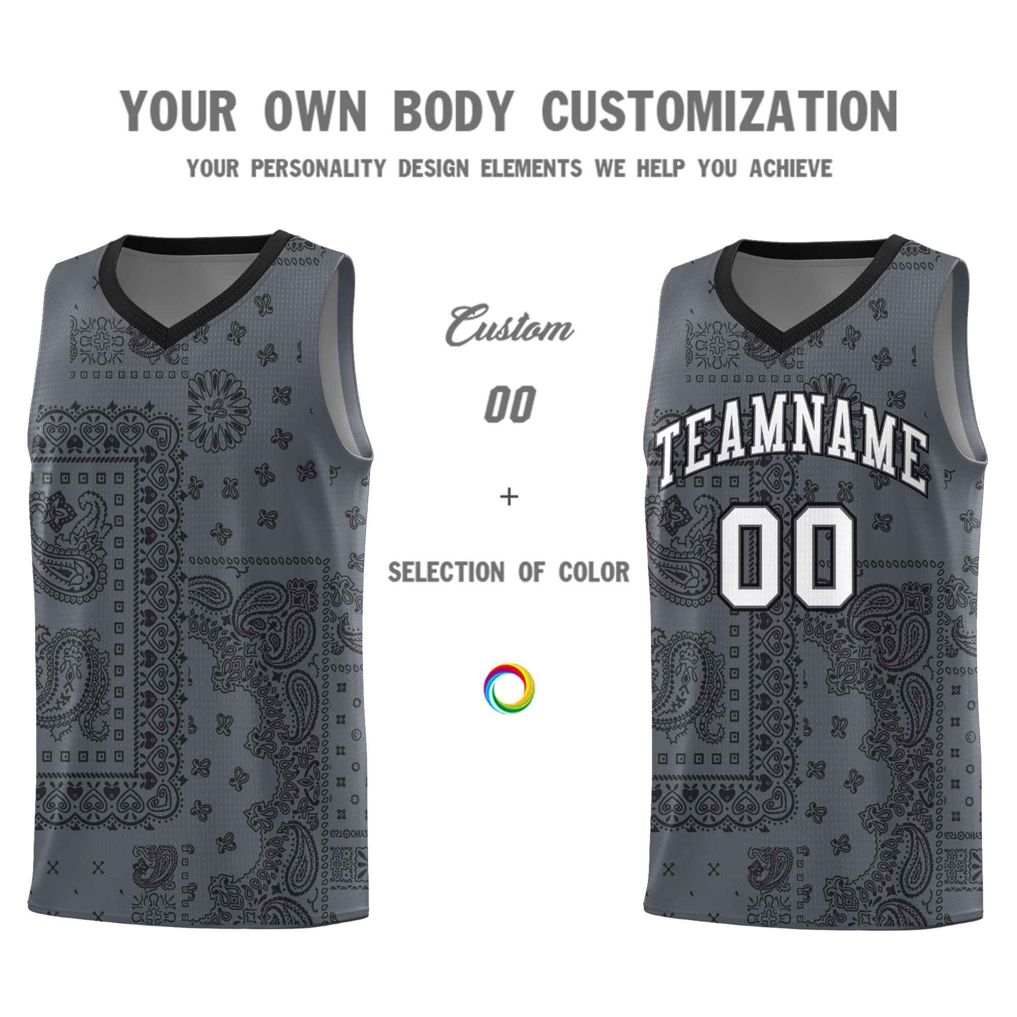 Custom Gray Basketball Kits With Black Cashew Flower Print Pattern