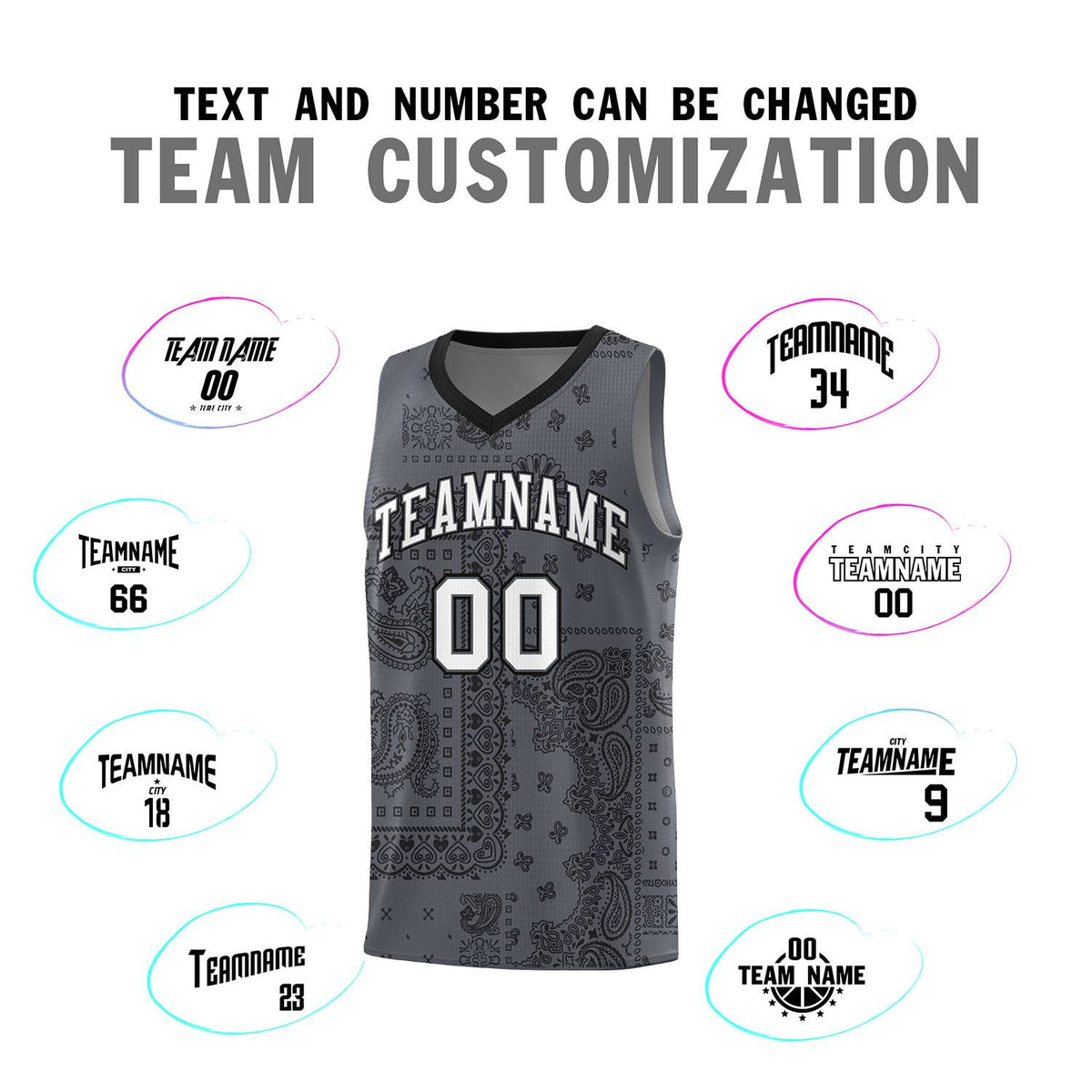 Custom Gray Basketball Kits With Black Cashew Flower Print Pattern