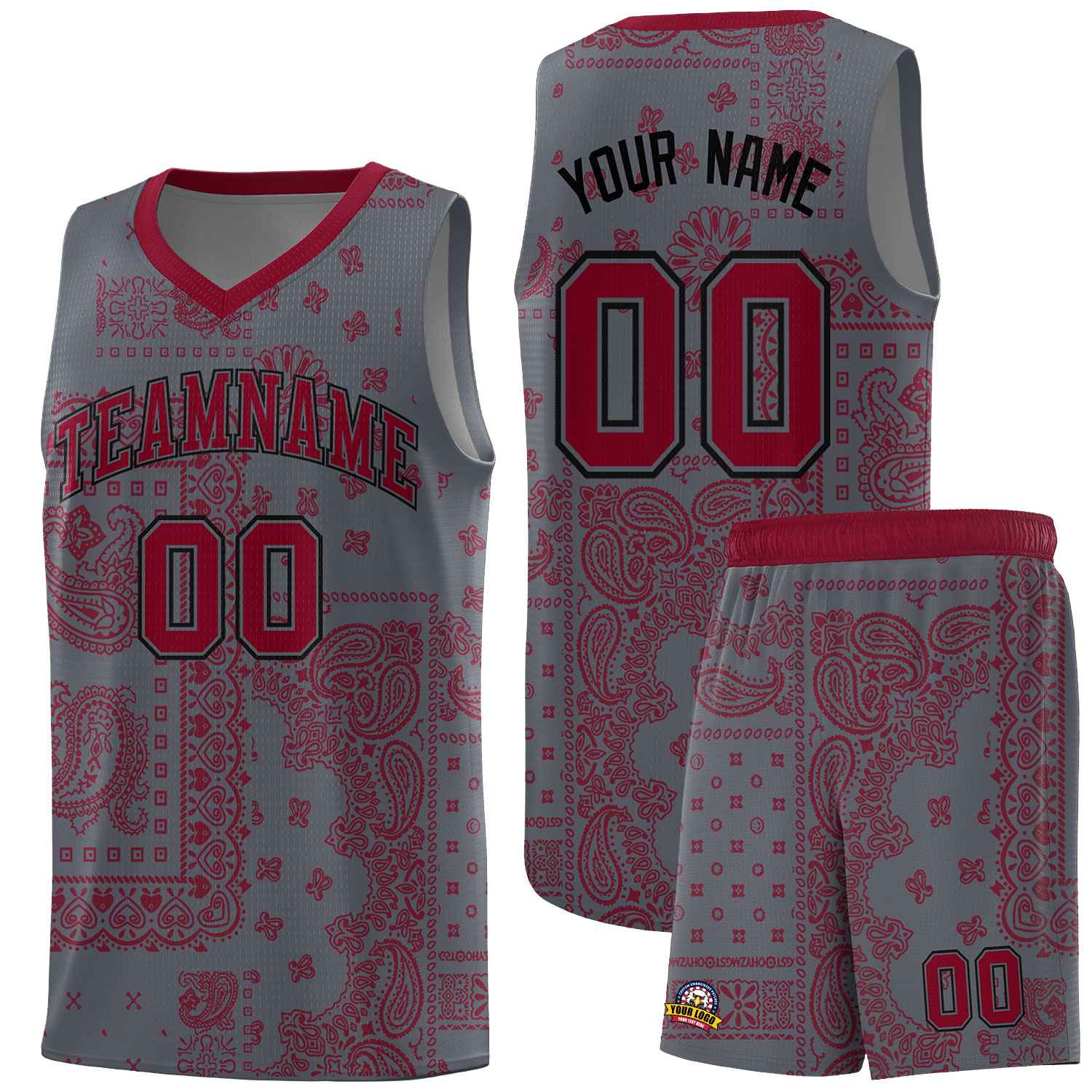 Custom Gray Basketball Kits With Crimson Cashew Flower Print Pattern