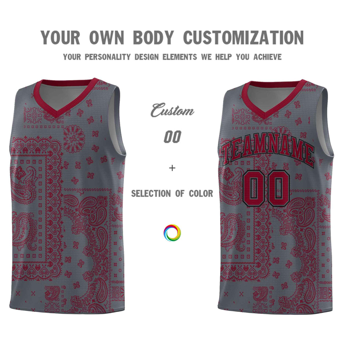 Custom Gray Basketball Kits With Crimson Cashew Flower Print Pattern
