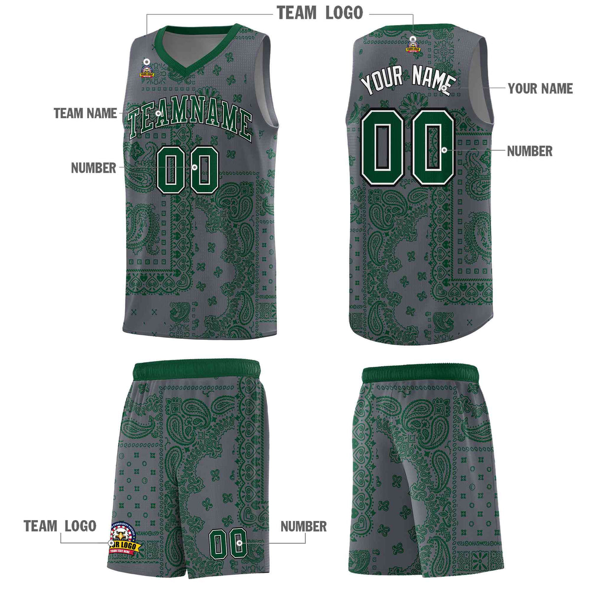 Custom Gray Basketball Kits With Kelly Green Cashew Flower Print Pattern