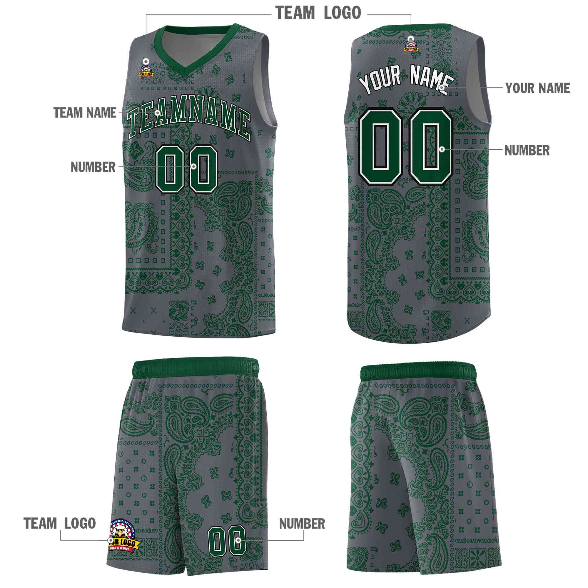 Custom Gray Basketball Kits With Kelly Green Cashew Flower Print Pattern