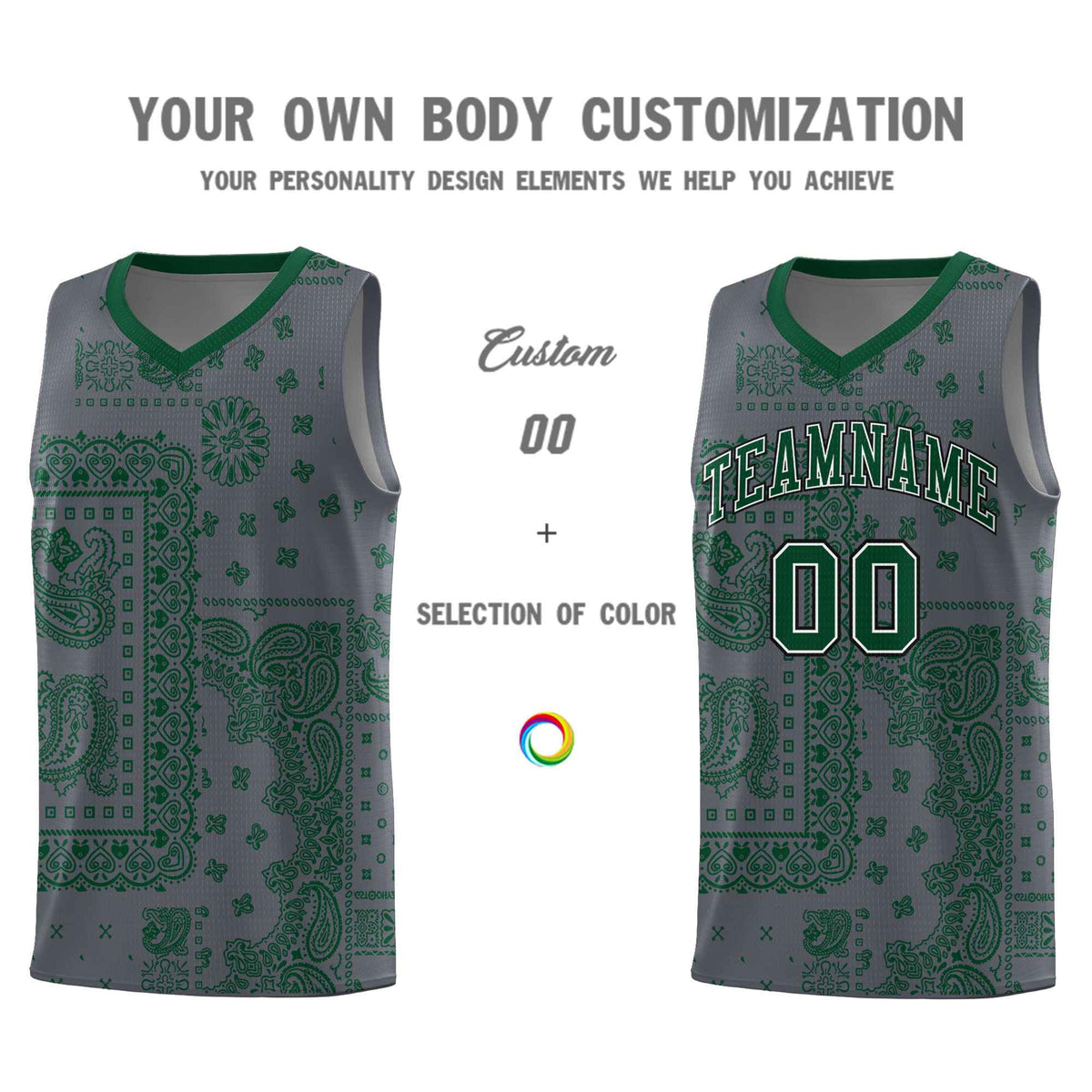 Custom Gray Basketball Kits With Kelly Green Cashew Flower Print Pattern