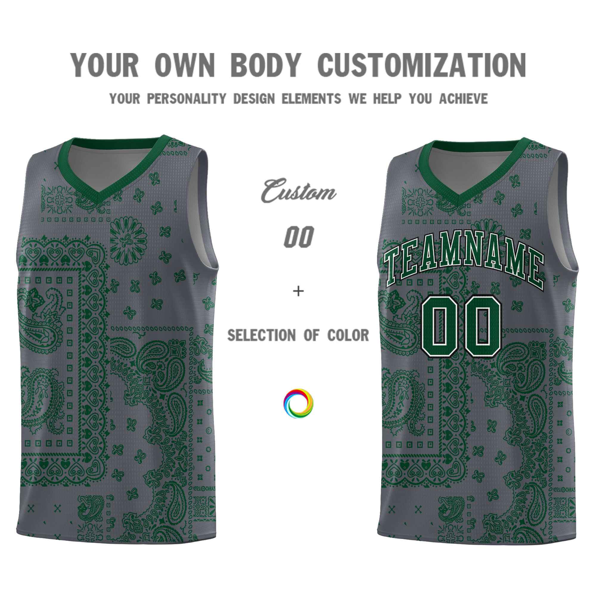 Custom Gray Basketball Kits With Kelly Green Cashew Flower Print Pattern