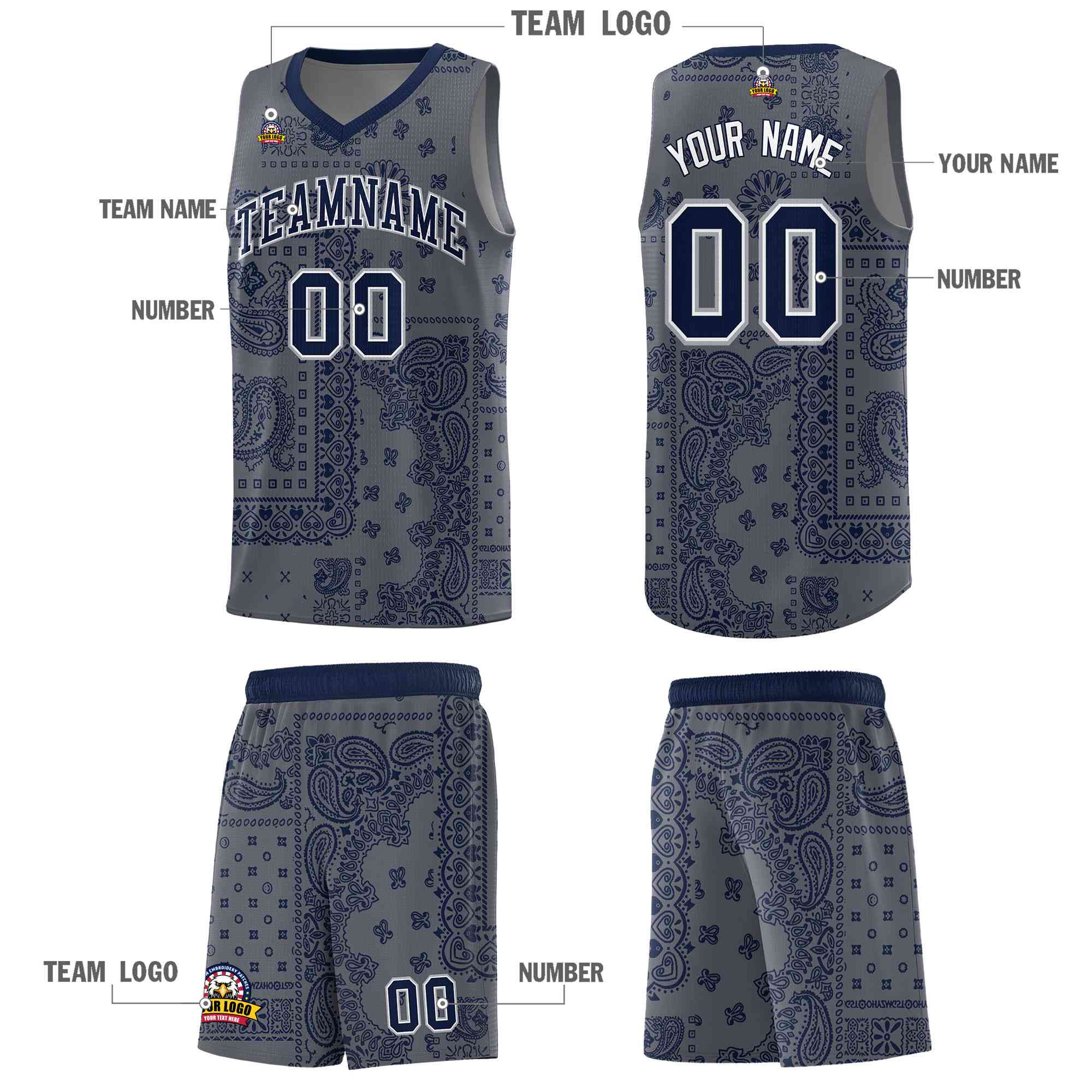 Custom Gray Basketball Kits With Navy Cashew Flower Print Pattern