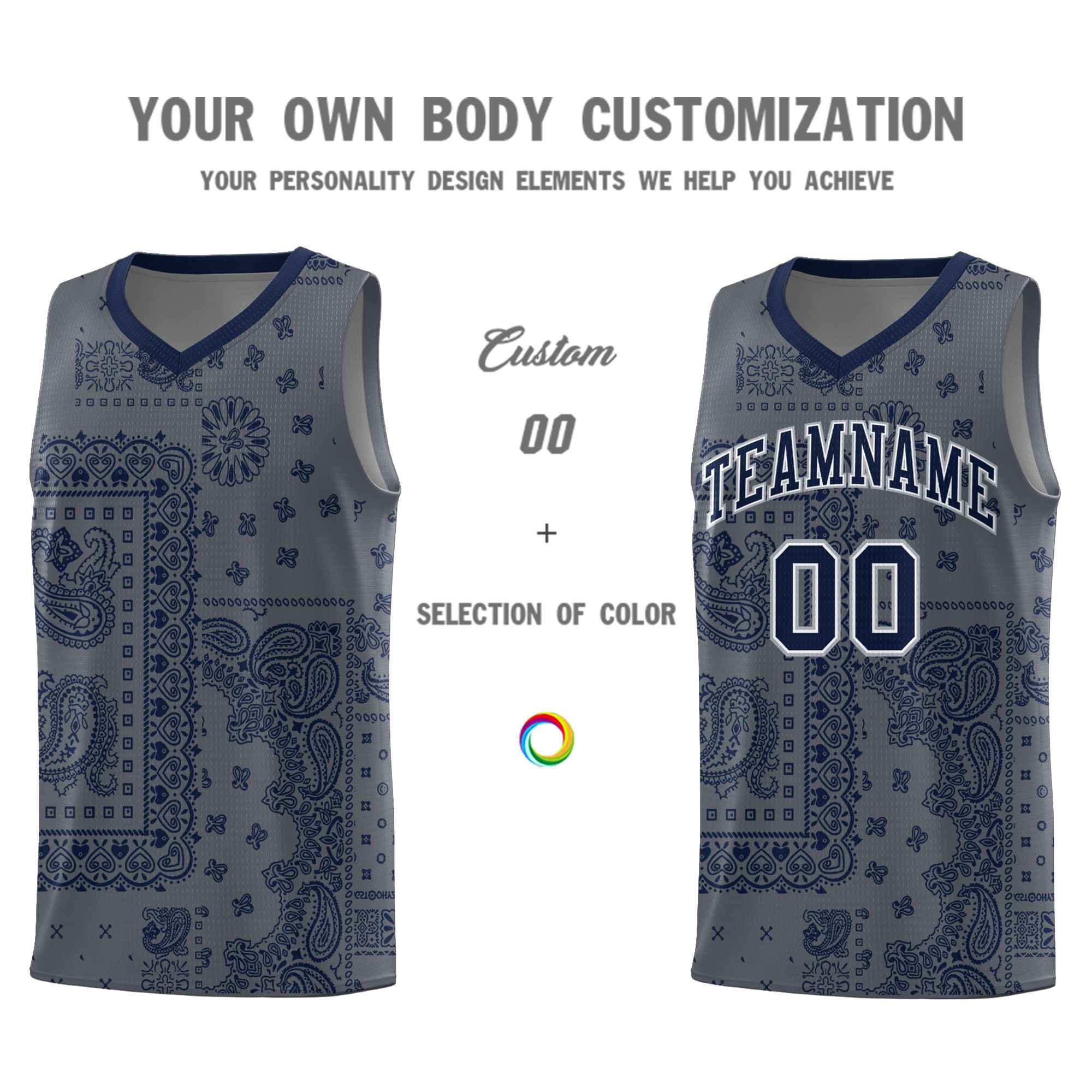 Custom Gray Basketball Kits With Navy Cashew Flower Print Pattern