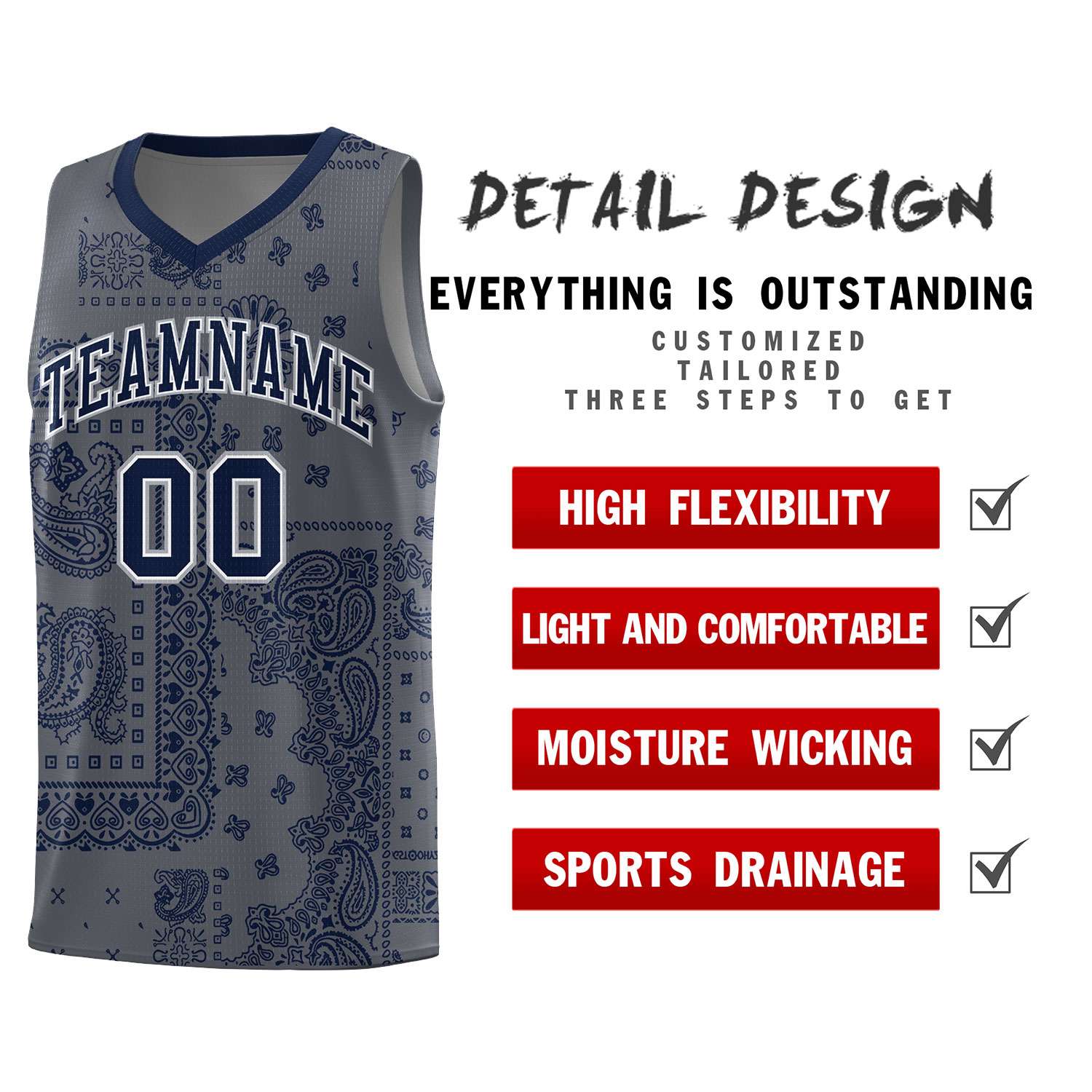 Custom Gray Basketball Kits With Navy Cashew Flower Print Pattern