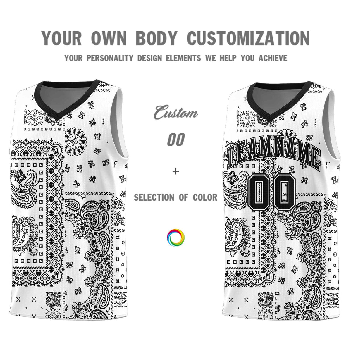 Custom White Basketball Kits With Black Cashew Flower Print Pattern
