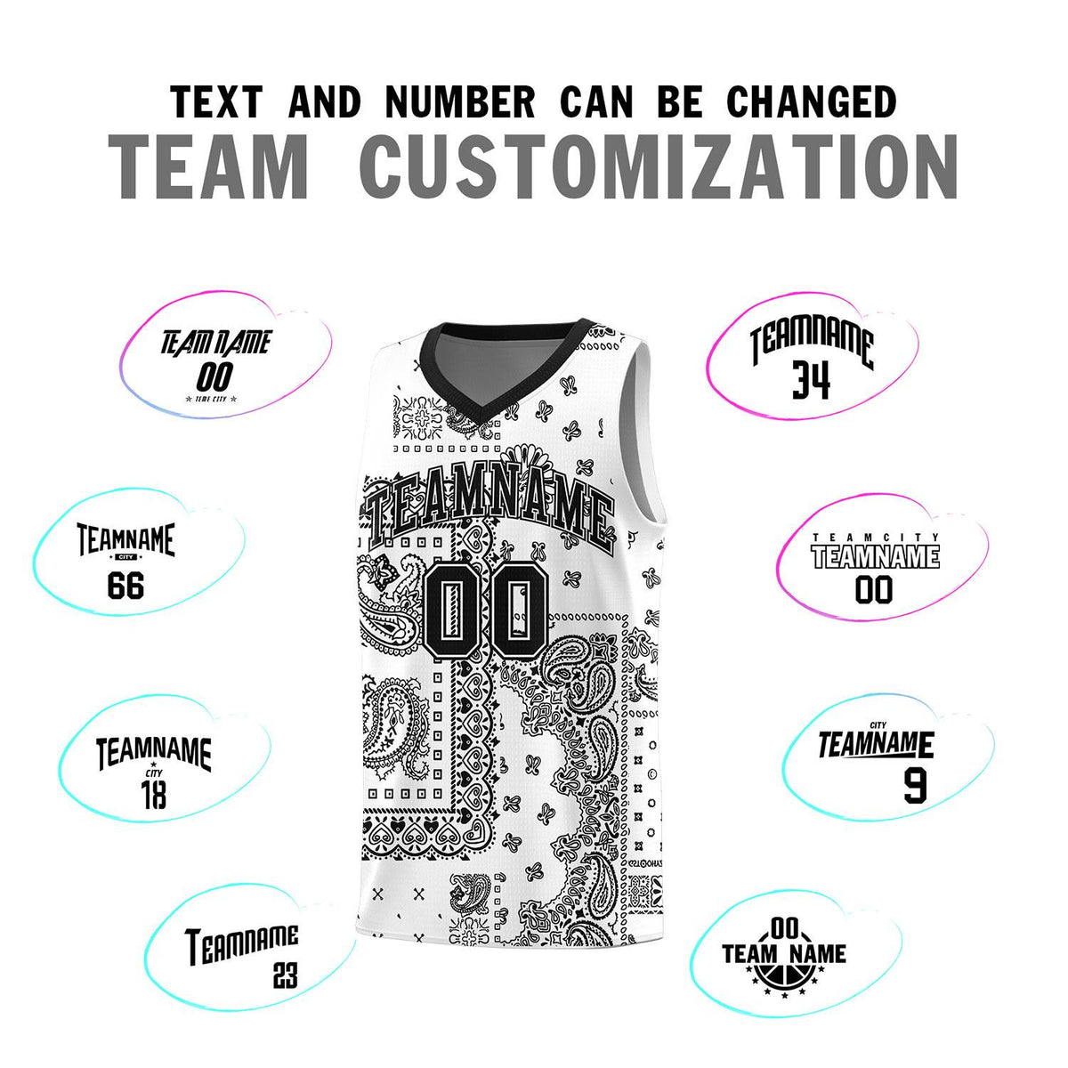 Custom White Basketball Kits With Black Cashew Flower Print Pattern