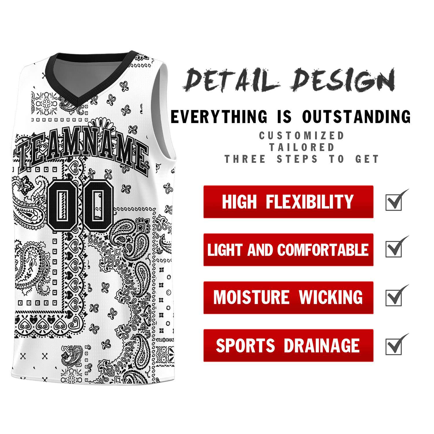 Custom White Basketball Kits With Black Cashew Flower Print Pattern