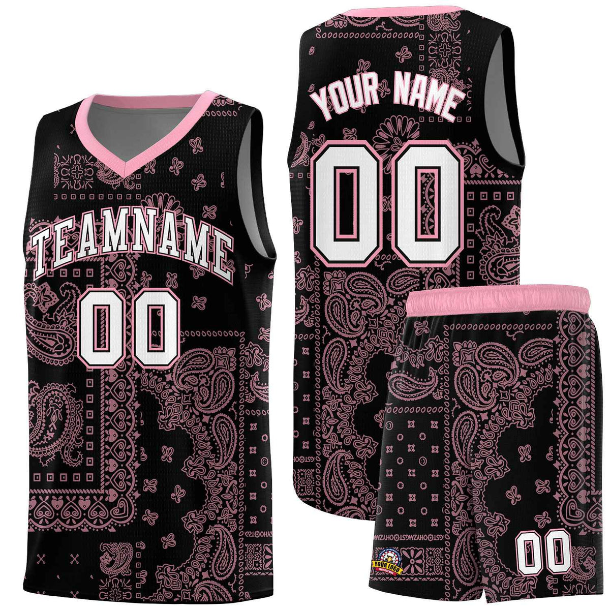 Custom Black Basketball Kits With Light Pink Cashew Flower Print Pattern