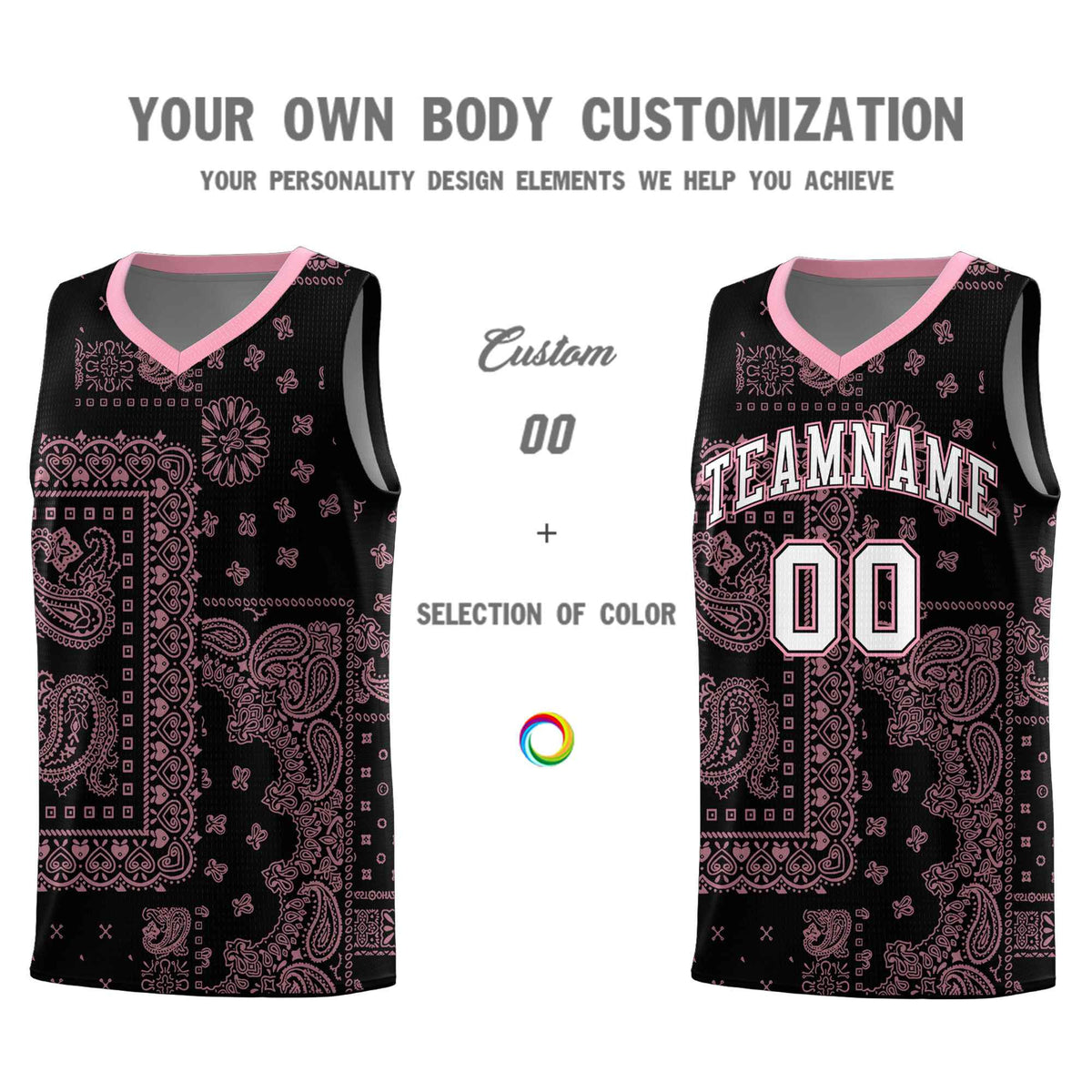 Custom Black Basketball Kits With Light Pink Cashew Flower Print Pattern