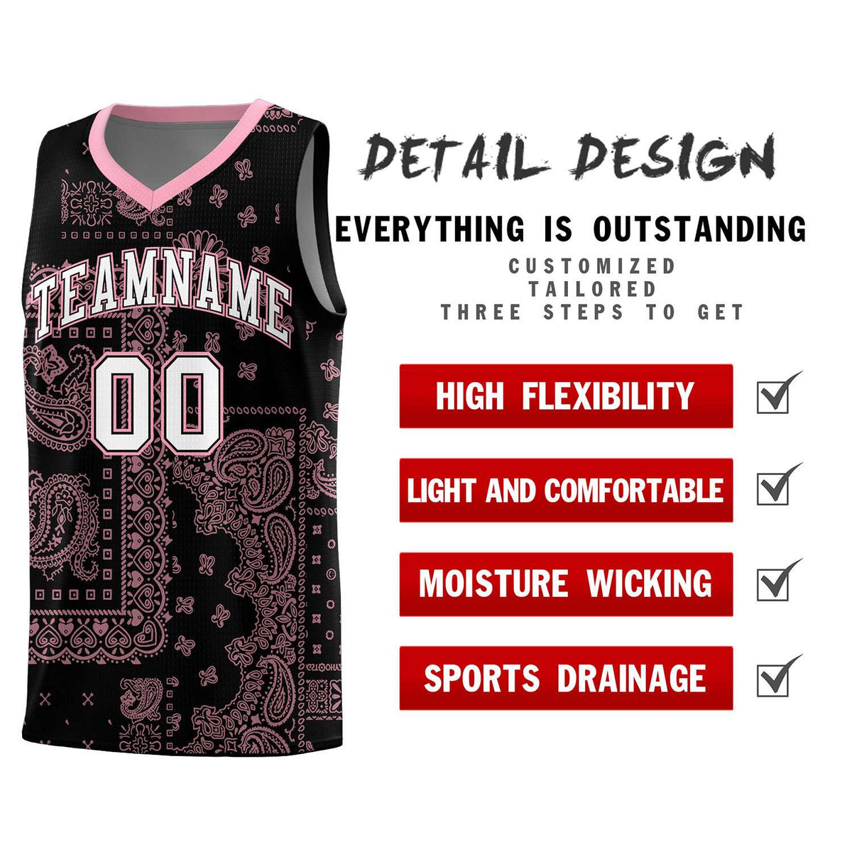 Custom Black Basketball Kits With Light Pink Cashew Flower Print Pattern
