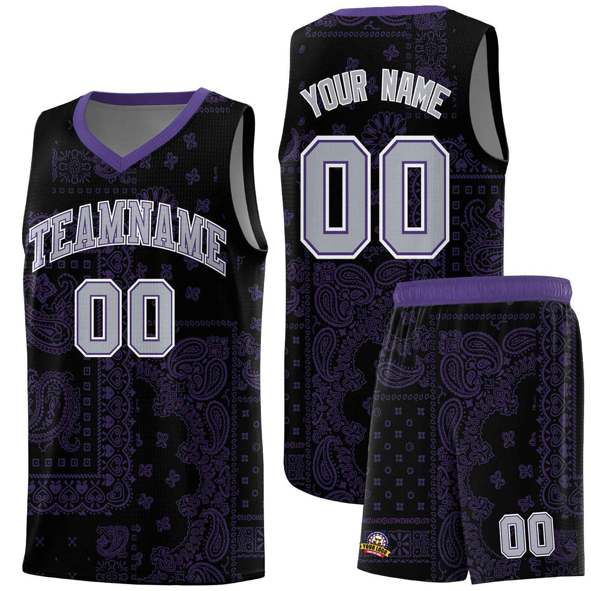 Custom Black Basketball Kits With Purple Cashew Flower Print Pattern