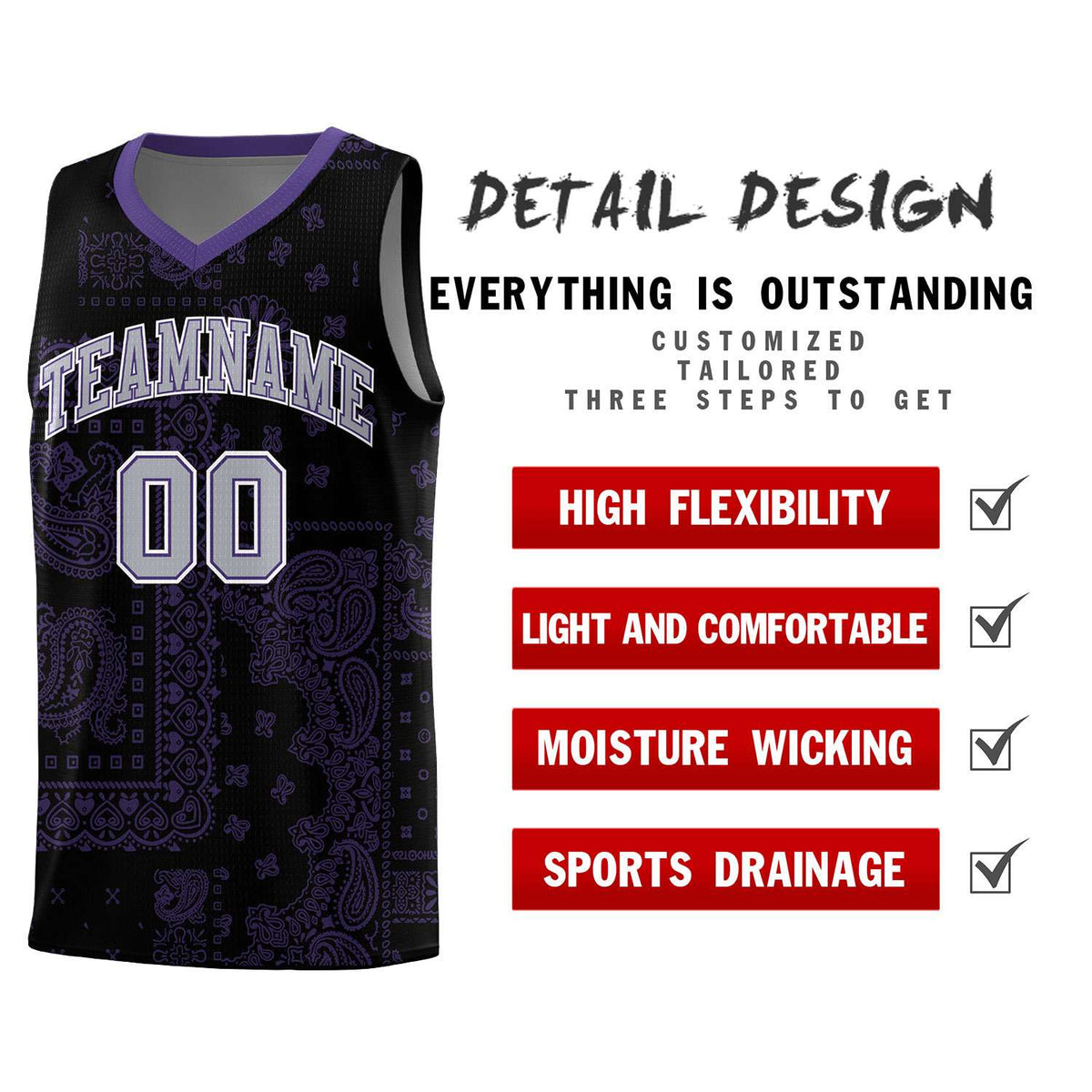 Custom Black Basketball Kits With Purple Cashew Flower Print Pattern