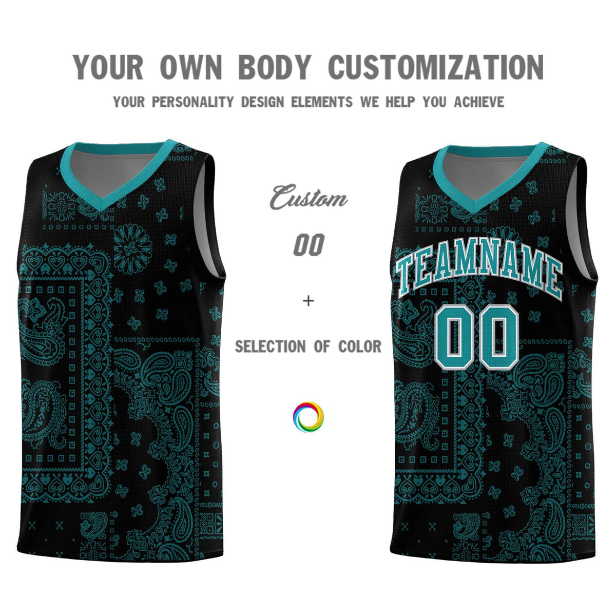 Custom Black Basketball Kits With Aqua Cashew Flower Print Pattern