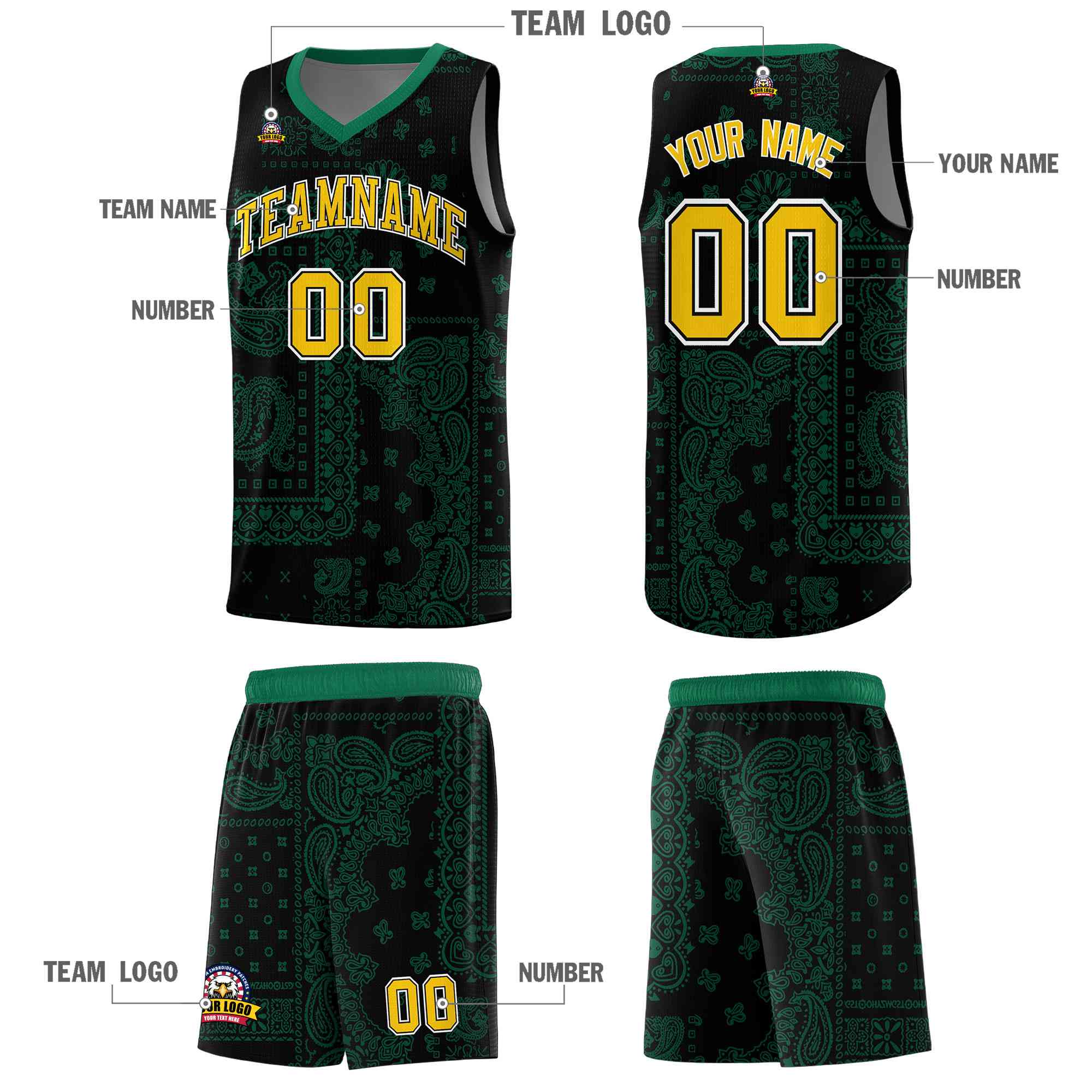Custom Black Basketball Kits With Kelly Green Cashew Flower Print Pattern