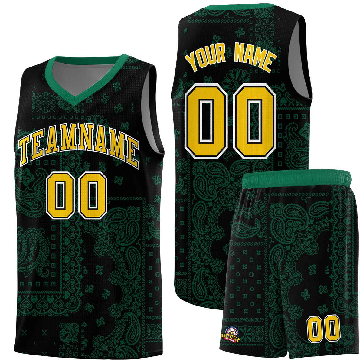 Custom Black Basketball Kits With Kelly Green Cashew Flower Print Pattern