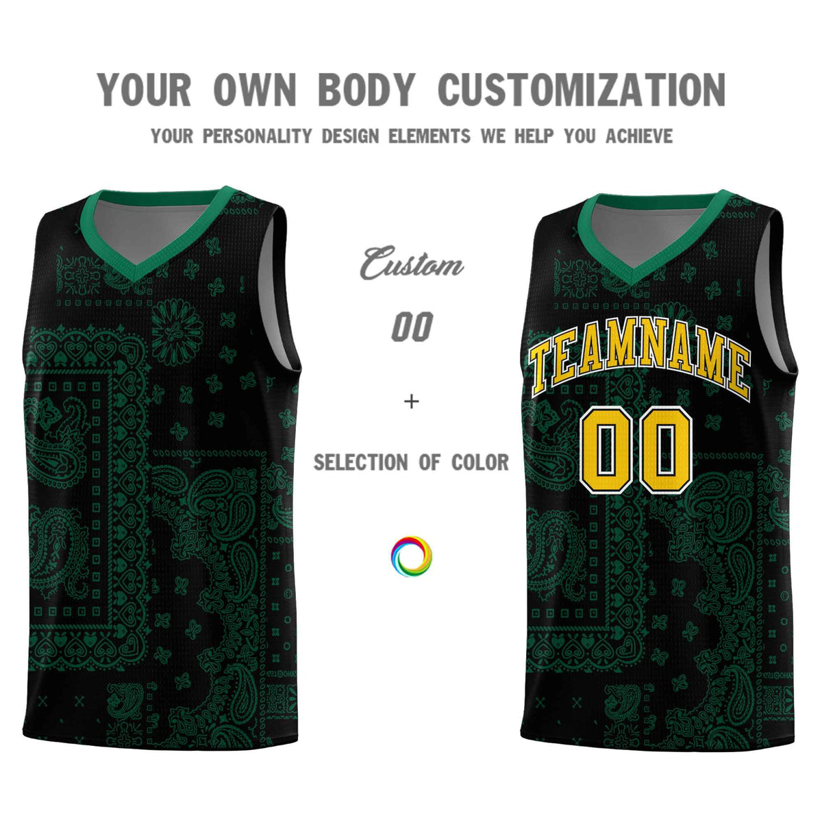 Custom Black Basketball Kits With Kelly Green Cashew Flower Print Pattern