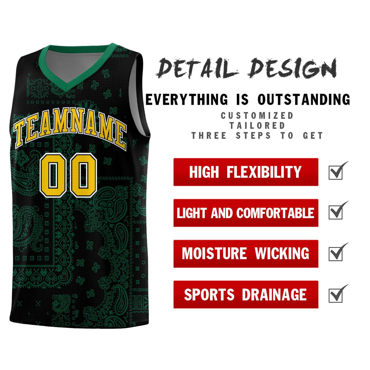 Custom Black Basketball Kits With Kelly Green Cashew Flower Print Pattern