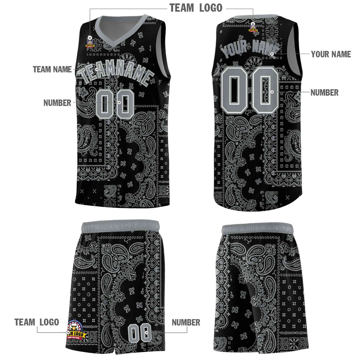 Custom Black Basketball Kits With Silver Cashew Flower Print Pattern