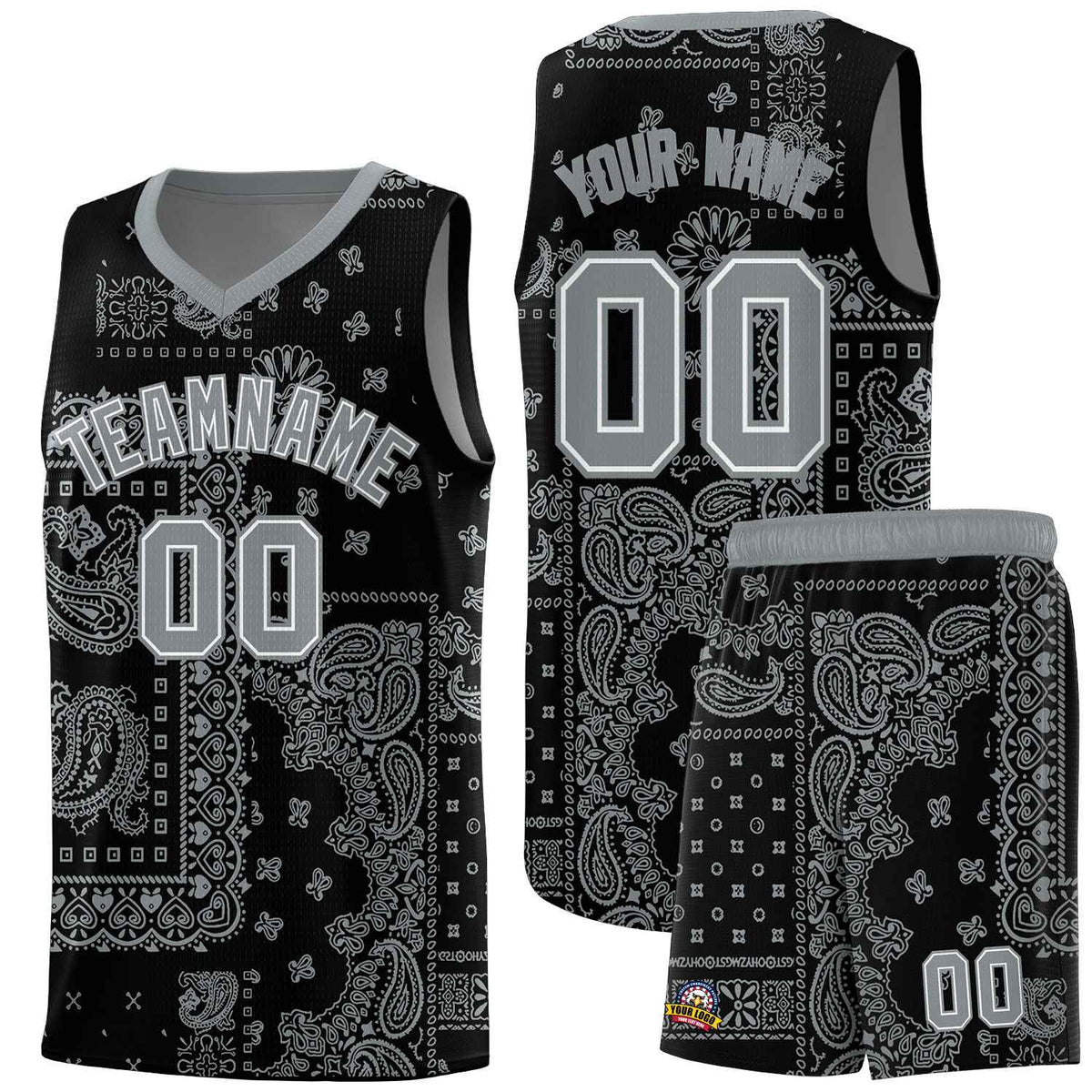 Custom Black Basketball Kits With Silver Cashew Flower Print Pattern