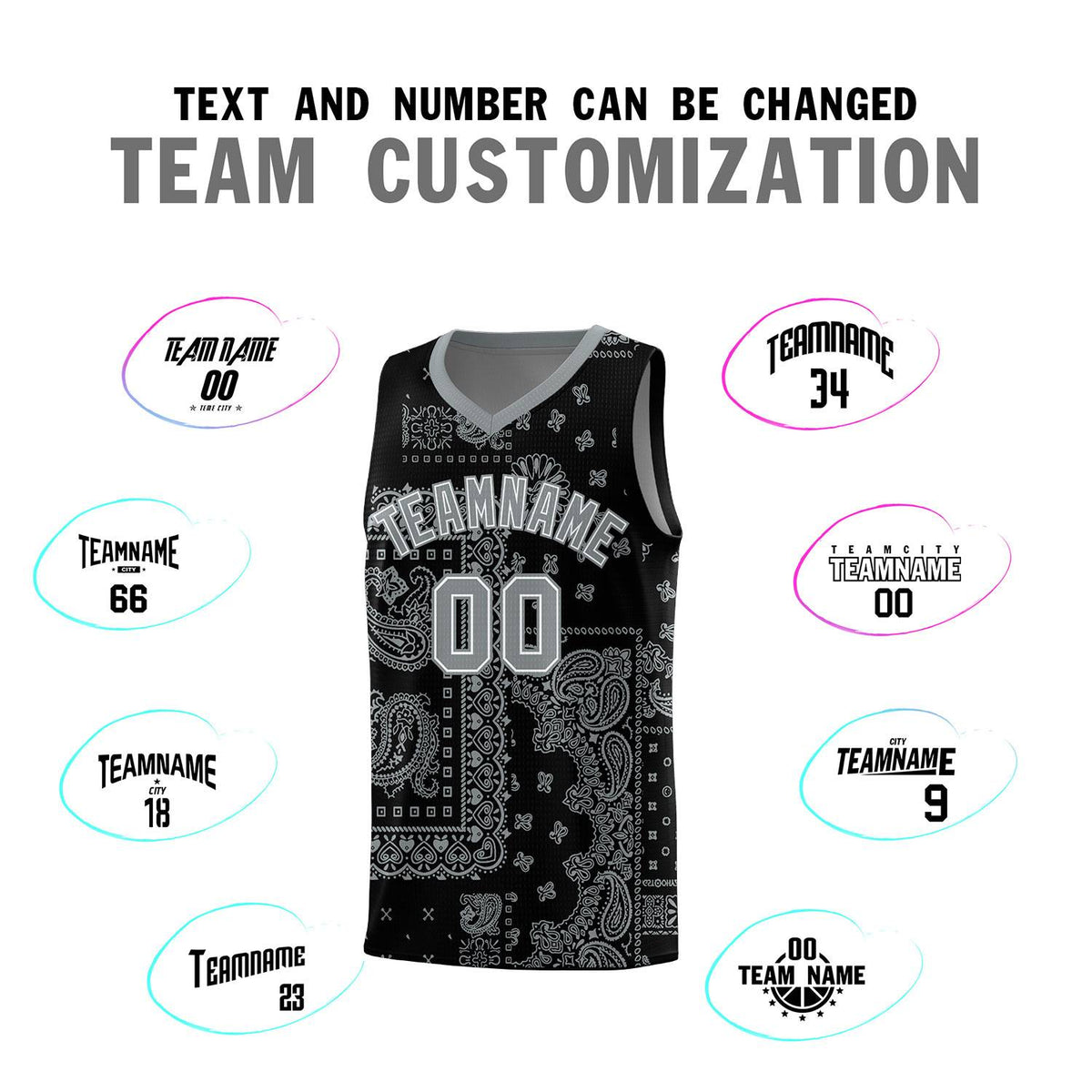 Custom Black Basketball Kits With Silver Cashew Flower Print Pattern
