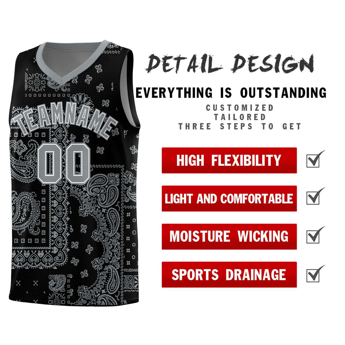 Custom Black Basketball Kits With Silver Cashew Flower Print Pattern
