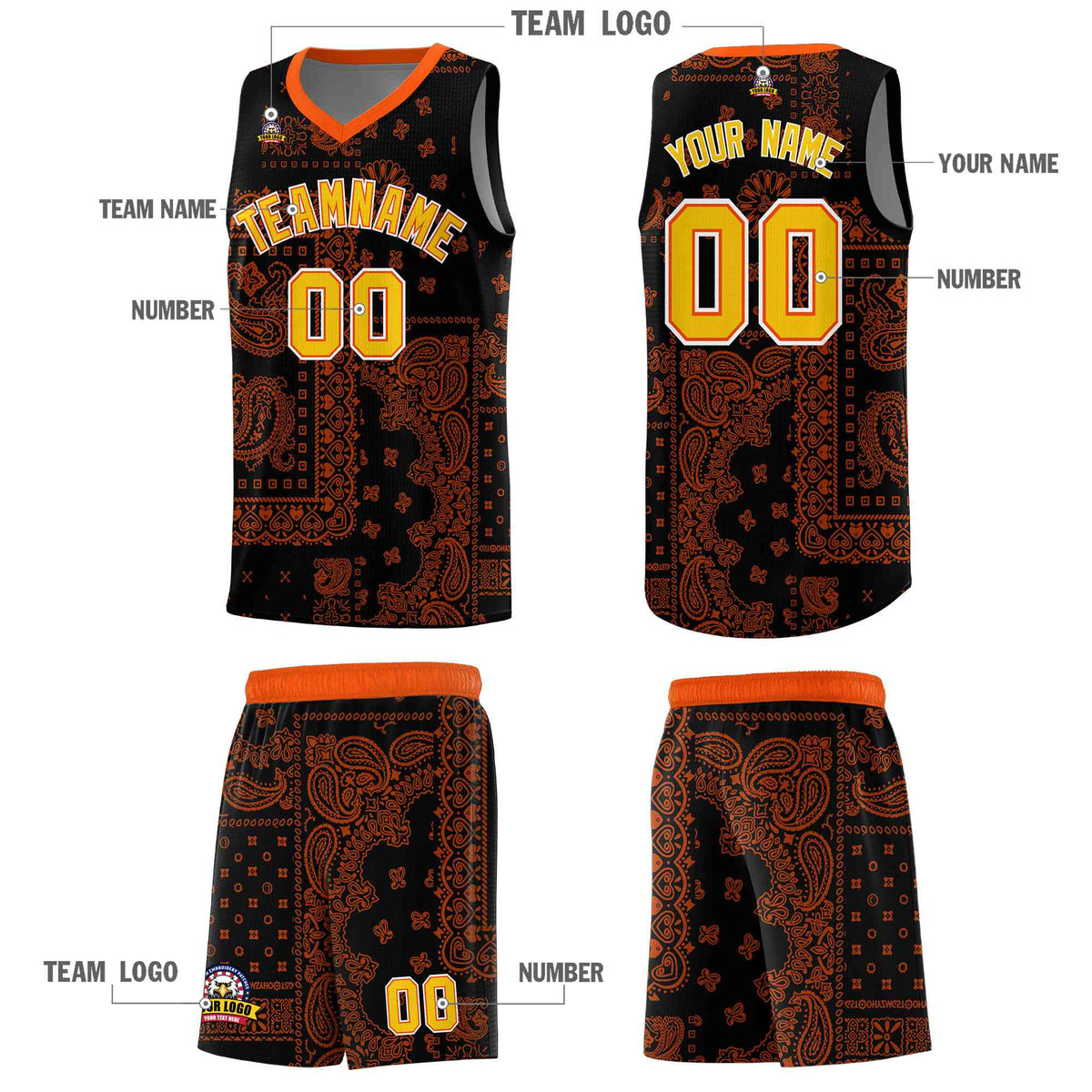 Custom Black Basketball Kits With Orange Cashew Flower Print Pattern
